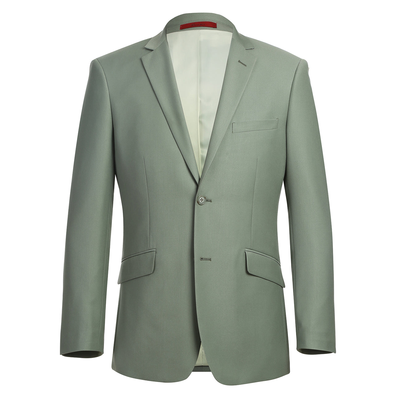 The Alessandro Vitello by Renoir 2-piece sage suit (201-12) is displayed on a mannequin with a white dress shirt, brown patterned tie, and matching pants.