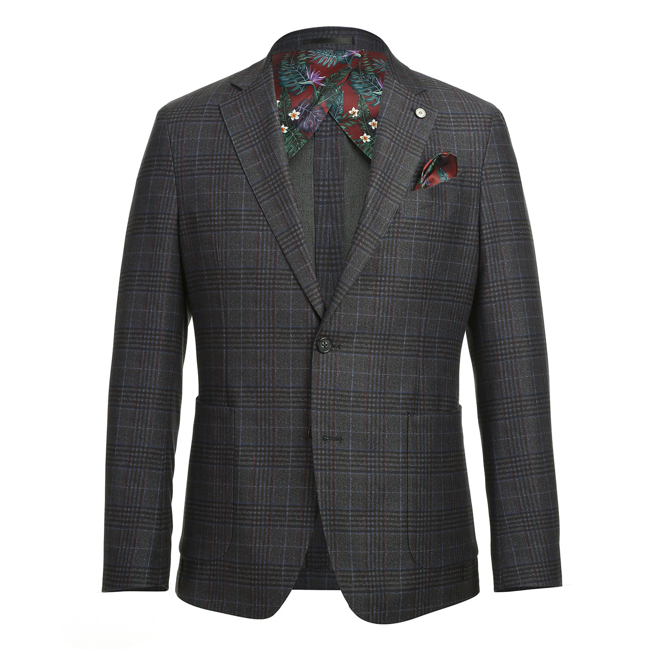 A mannequin features the Pellagio Blue Black Men's Half Canvas Blazer PF24-12, styled with a white shirt, red polka dot tie, and matching pocket square.