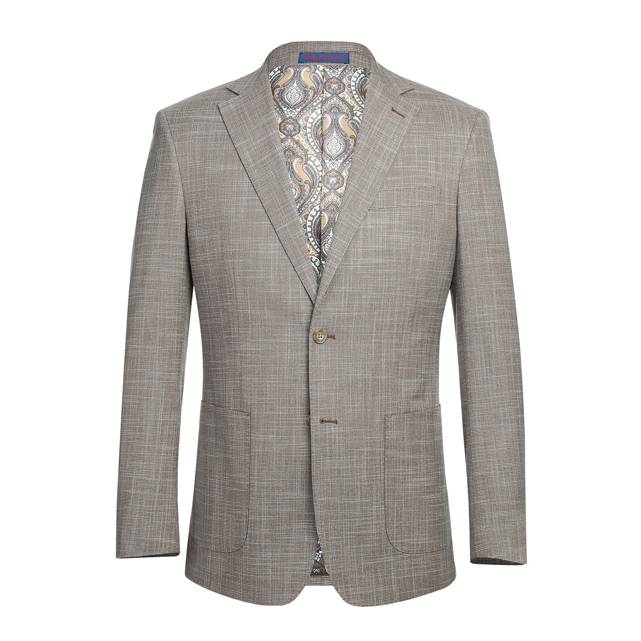 The ENGLISH LAUNDRY Brown Check Suit 22-18-652EL by English Laundry is a slim fit blazer with notch lapels, two-button closure, and patch pockets, shown over a white dress shirt and blue striped tie on a mannequin.