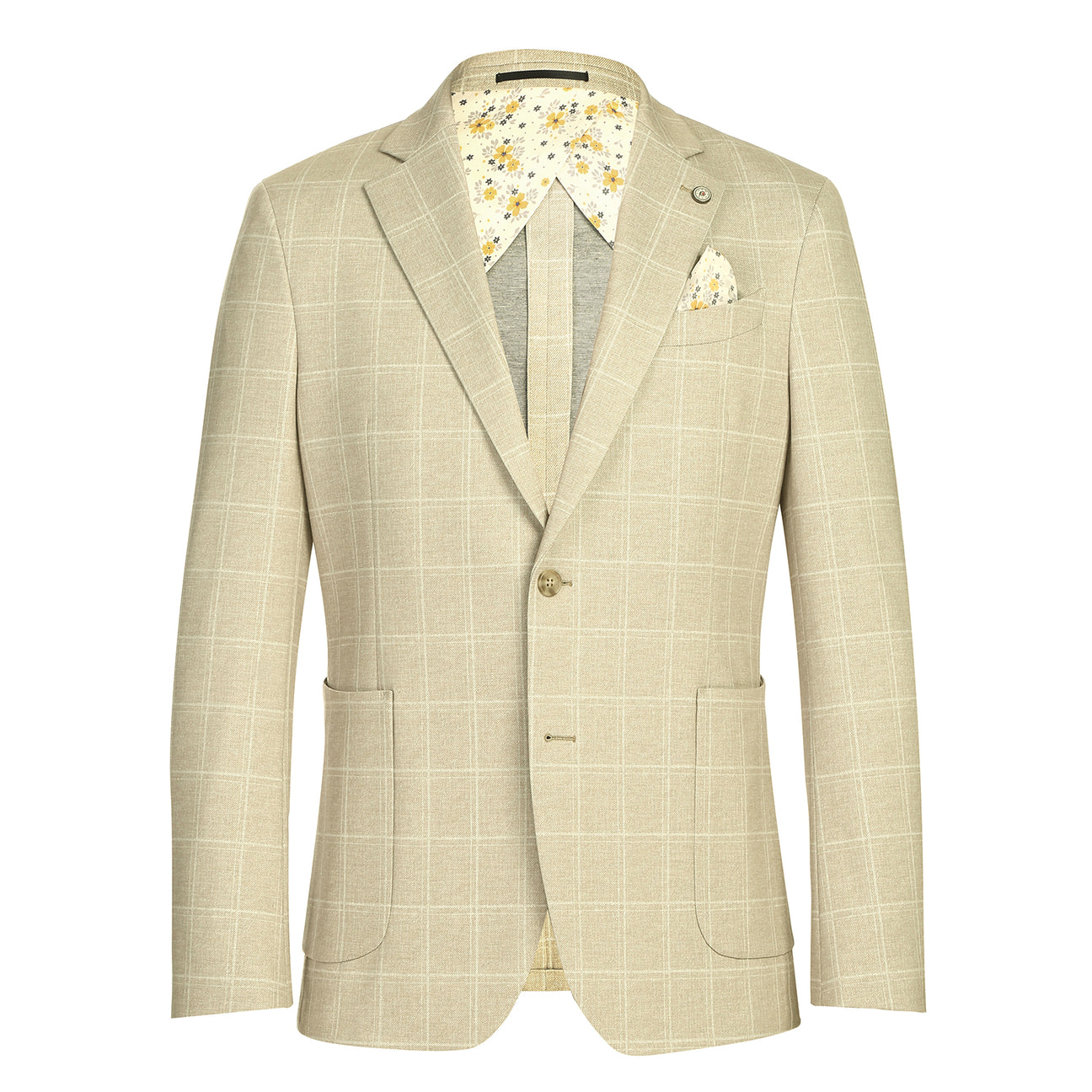 The Pellagio Beige Men's Slim Fit Riserva Jacket PS26-7 features a light check pattern, two buttons, front pockets, and a pocket square. Displayed on a mannequin with a white shirt and striped tie. Brand: Pellagio.