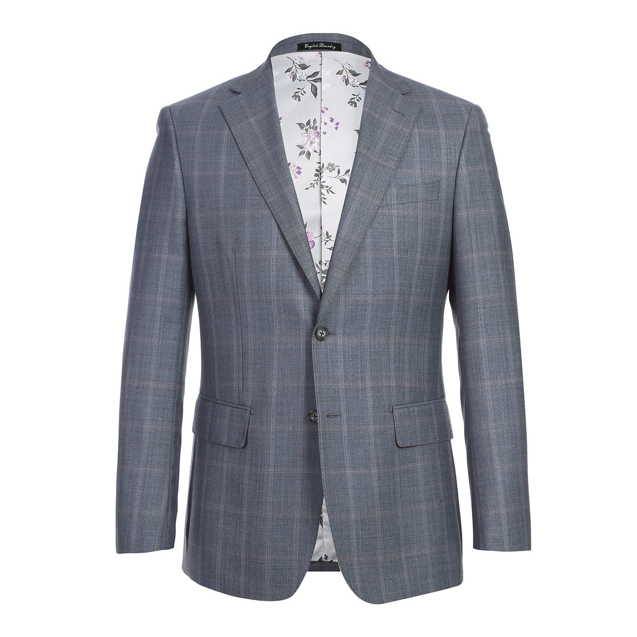 The ENGLISH LAUNDRY Grey Wool Suit EL92-52-093 by English Laundry is shown on a headless mannequin, featuring a gray plaid wool jacket with two-button closure over a white dress shirt and blue patterned tie.