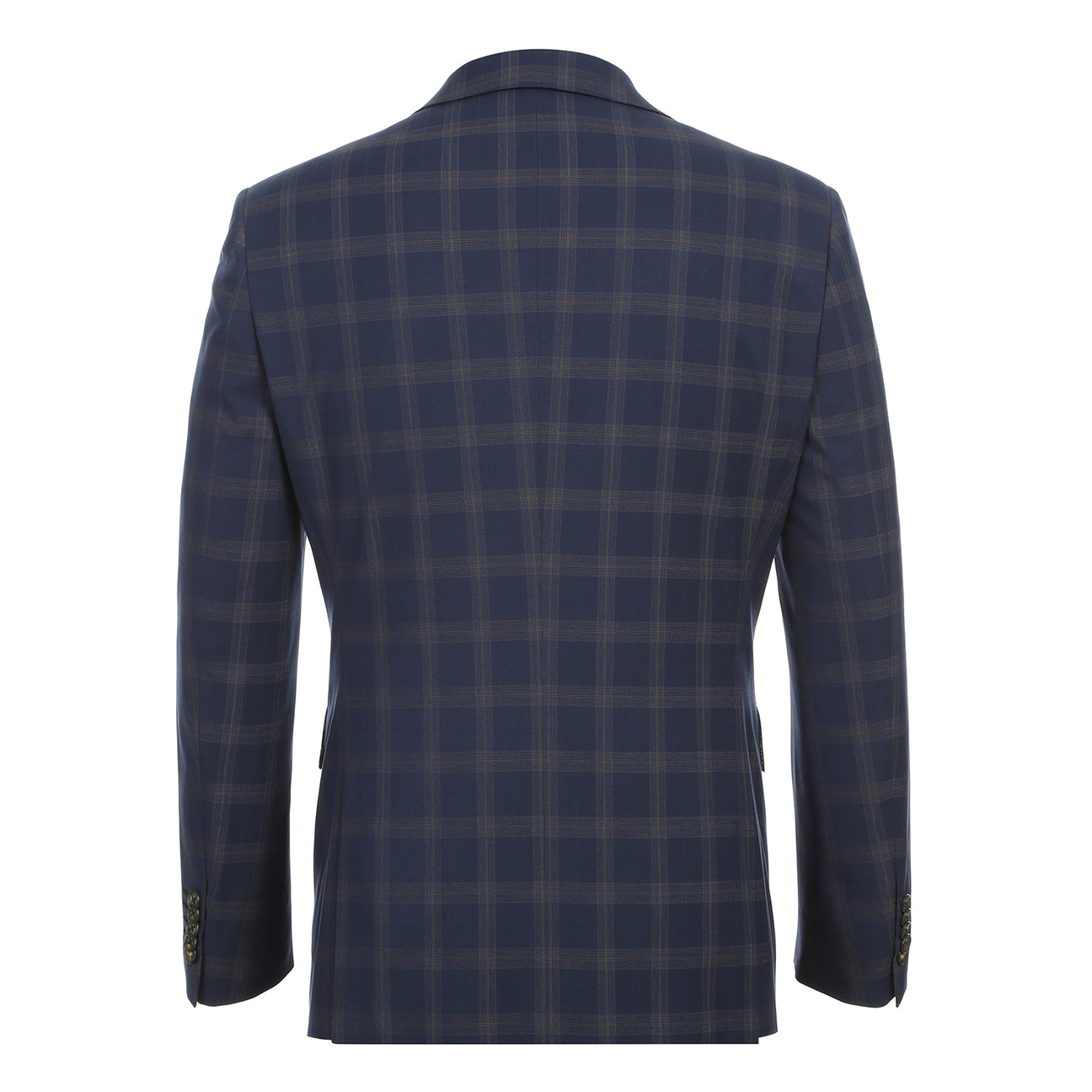 The ENGLISH LAUNDRY TR Suit 12-58-410EL by English Laundry is a navy blue plaid blazer with notch lapels, two buttons, flap pockets, and a colorful patterned inner lining shown in a front-facing view.