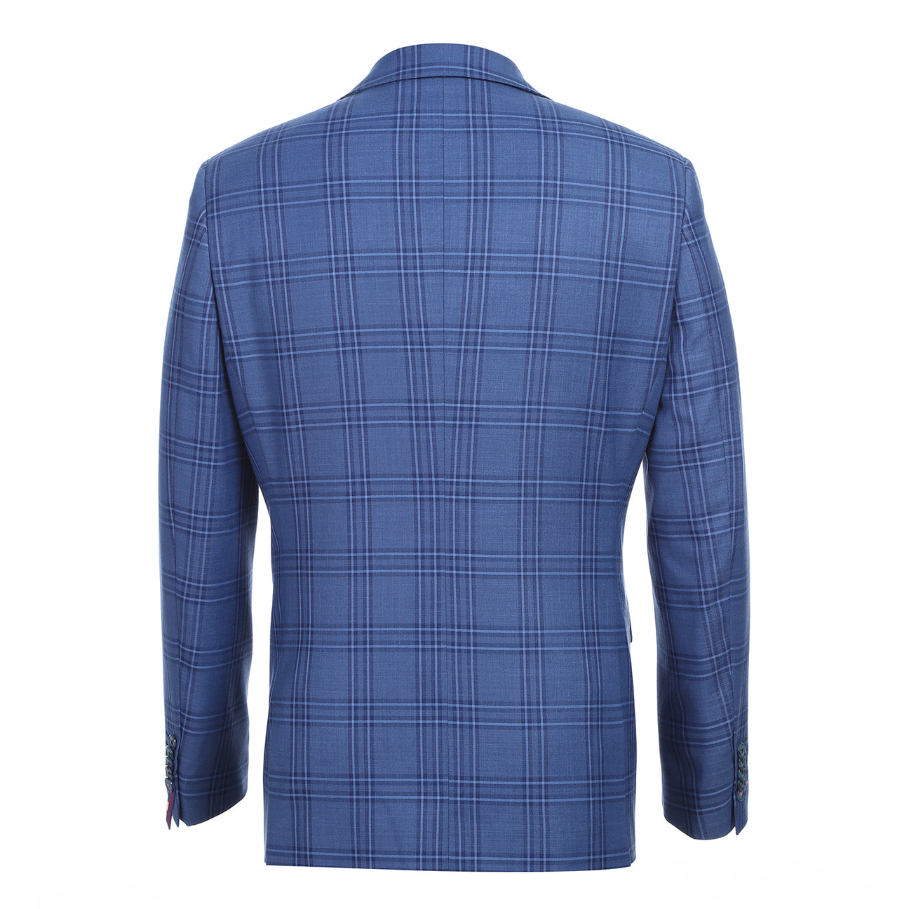 The ENGLISH LAUNDRY Blue Check Suit 12-63-411EL by English Laundry is a slim fit blue plaid blazer with two-button closure, notch lapels, front pockets, and a colorful floral lining, shown on a white background.
