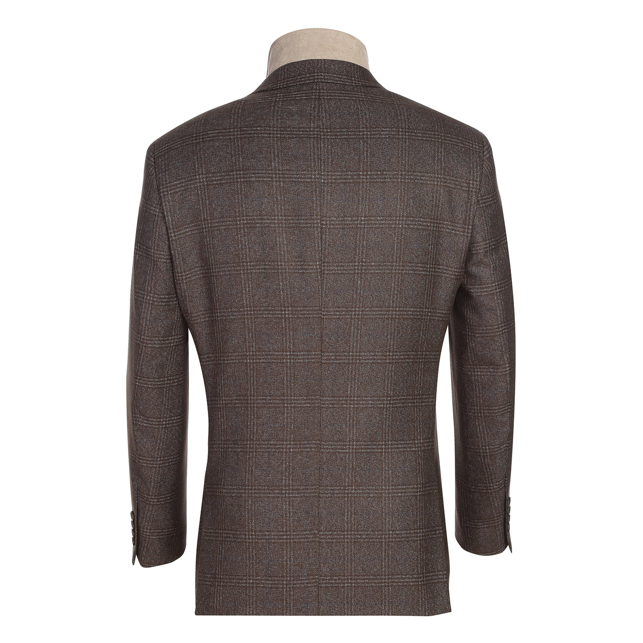 The Renoir Alessandro Vitello New Slim Fit Bib Brown Blazer 294-40 is shown on a headless mannequin with a classic notch lapel, layered over a beige zip-up sweater.