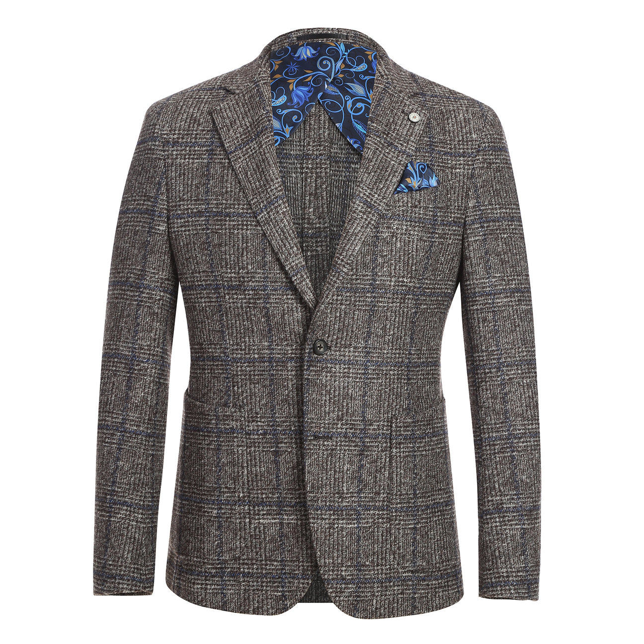 A mannequin showcases a Pellagio Beige Men's Half Canvas Blazer PF24-14, paired with a crisp white shirt and blue tie. A matching blue pocket square is elegantly tucked into the chest pocket for added sophistication.
