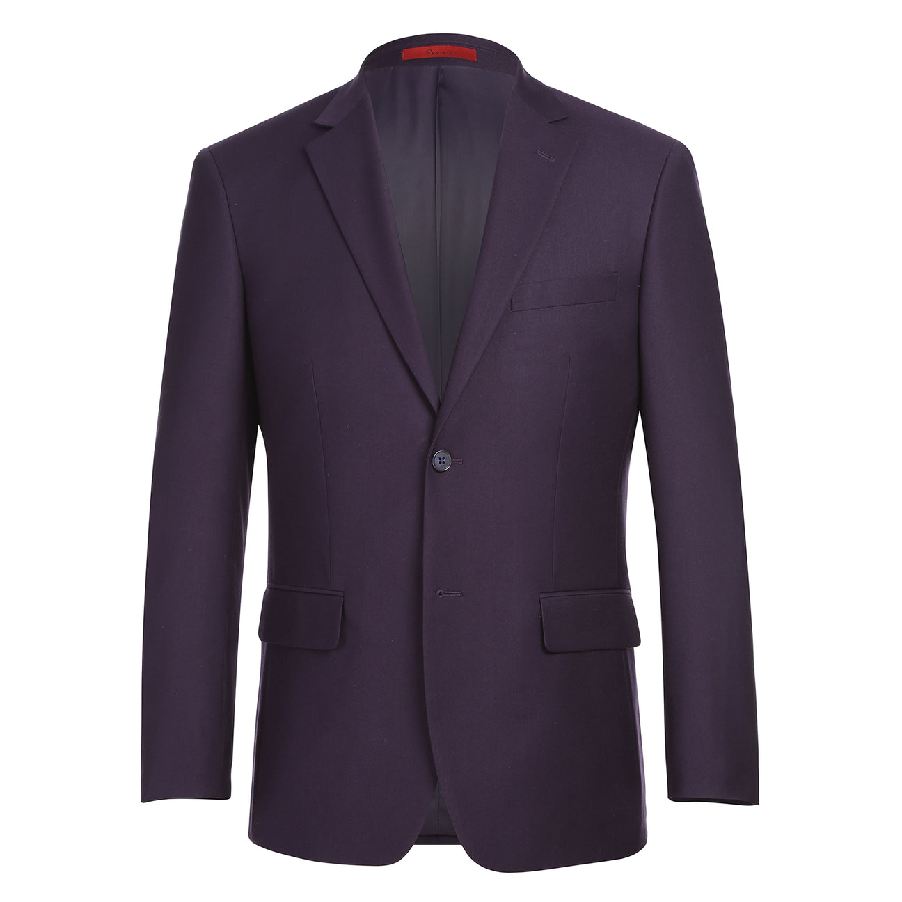 The Alessandro Vitello by Renoir 2-piece purple slim fit suit (201-14) features a single-breasted notch lapel, shown on a mannequin with a white shirt and striped tie.