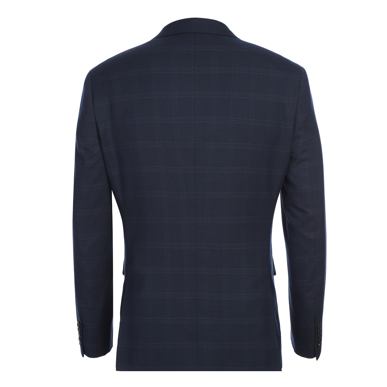 The ENGLISH LAUNDRY 2pc Suit Navy 32-55-410EL by English Laundry features a navy blue plaid blazer with single button closure, front pockets, and blue paisley inner lining in a comfy polyester-rayon-spandex blend, shown on a white background.