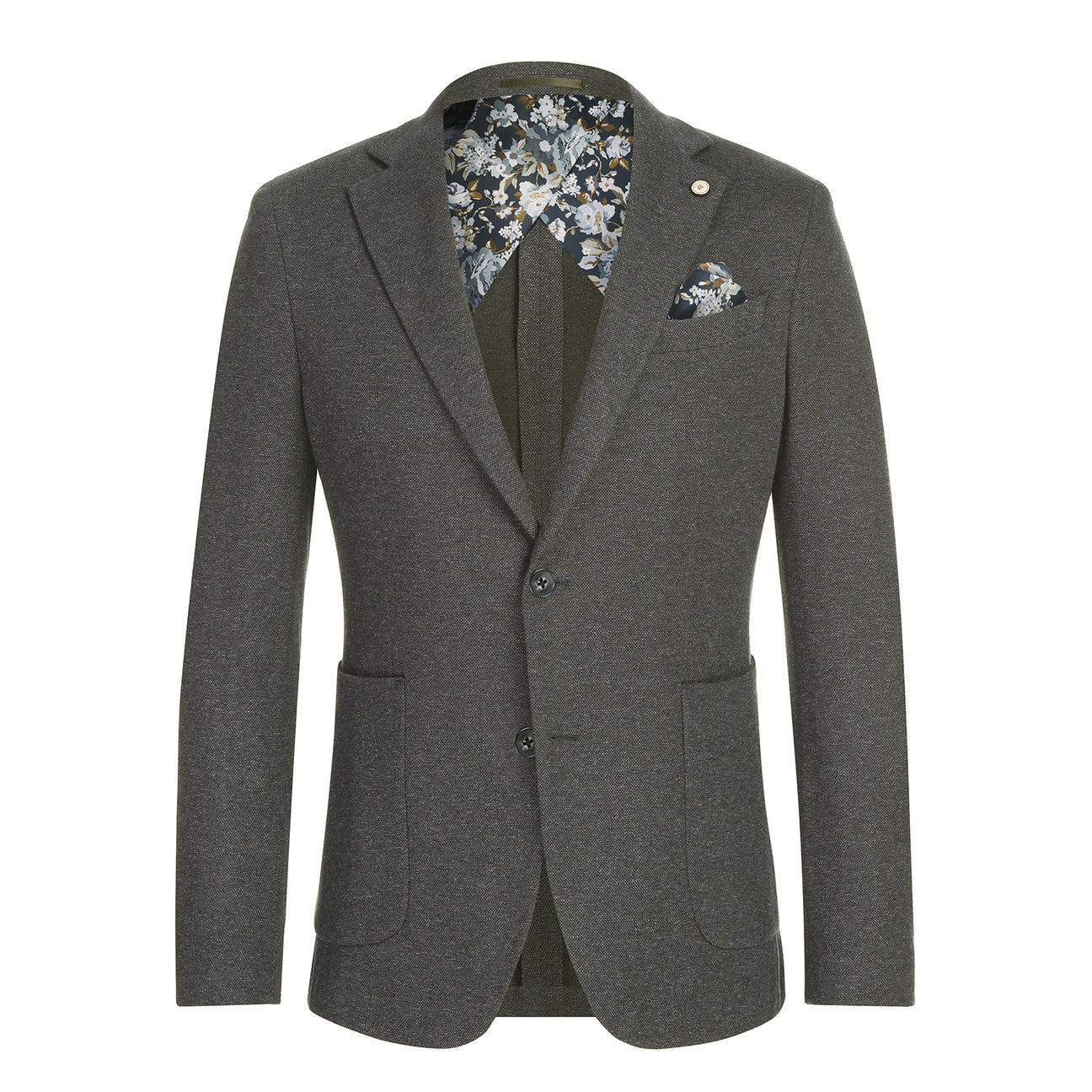 Two mannequins wear Pellagio Riserva JKT Blazer PF25-10 by Pellagio, styled with patterned shirts and ties. Each display highlights button details, fabric swatches in a cotton-poly blend, and product info.