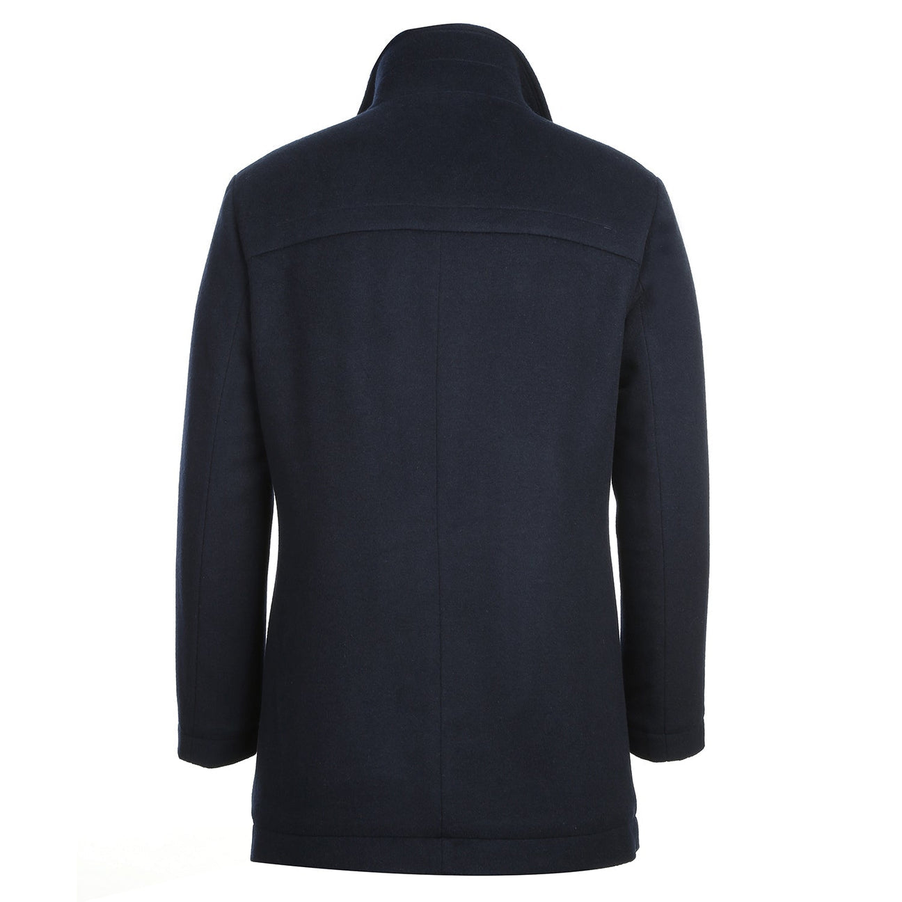 The ENGLISH LAUNDRY Navy Short Coat EL84-01-410 by English Laundry is a wool coat in navy blue that features a standing collar and single-breasted button closure.