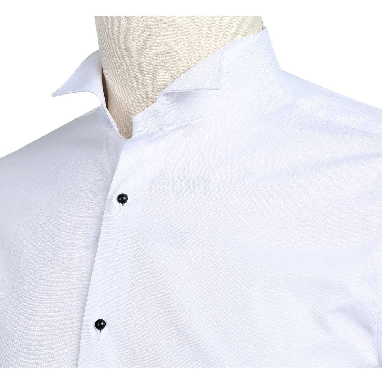 The Renoir VERNO White Slim Fit Long Sleeve Tuxedo Dress Shirt TUX01 features black buttons and a classic collar, shown neatly folded on a white background.
