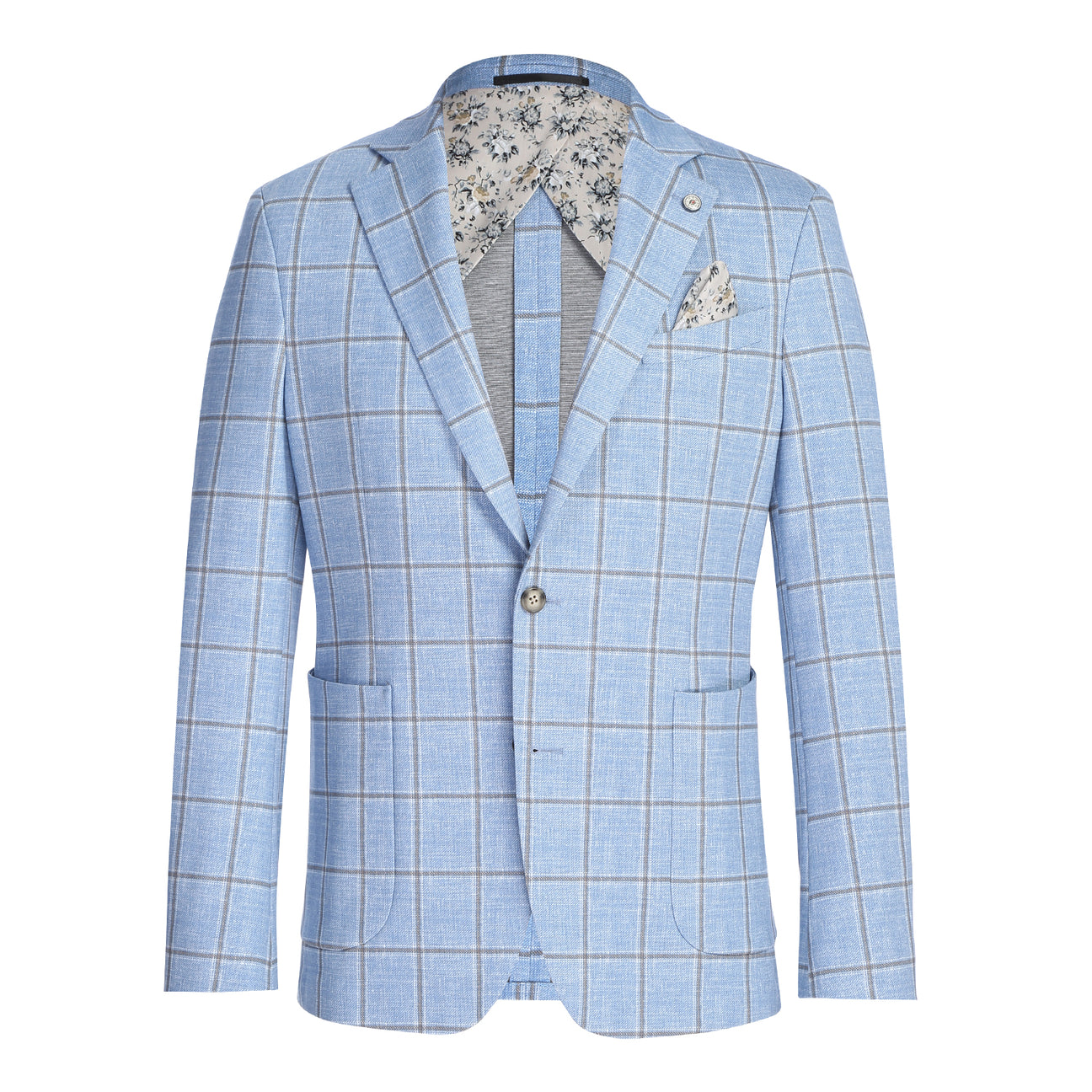 The Pellagio Light Blue Men's Slim Fit Riserva Jacket PS26-6 by Pellagio is styled with a white dress shirt, orange patterned tie, and patterned pocket square, shown on a headless mannequin.