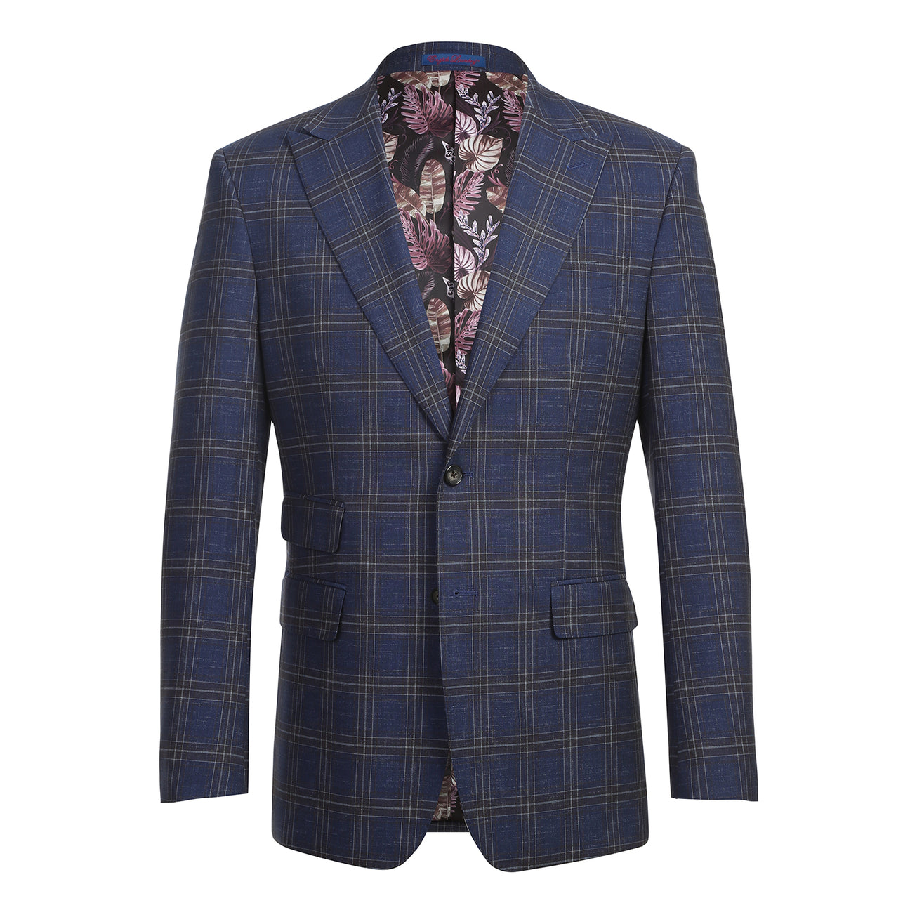 The ENGLISH LAUNDRY TR Suit 12-52-410EL by English Laundry is a slim fit blue plaid jacket with notch lapels, two buttons, and flap pockets, styled over a white dress shirt and red patterned tie on a display mannequin.