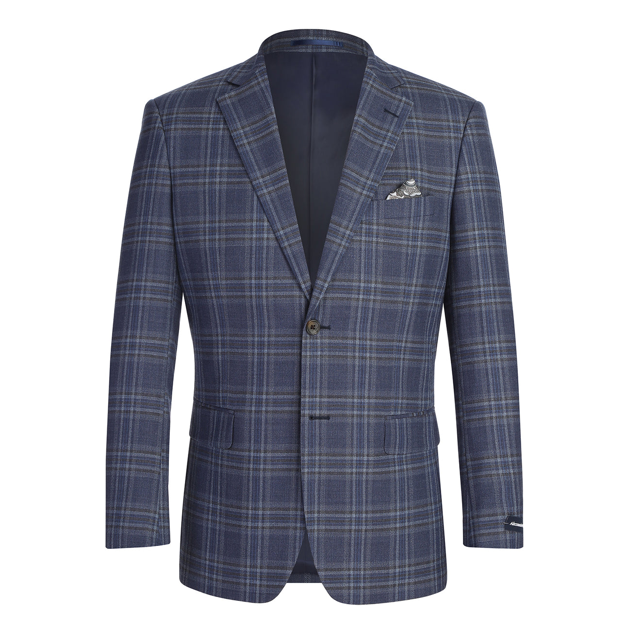 The Alessandro Vitello by Renoir New Slim Fit Wool Navy Blazer 567-17, featuring a notch lapel and pocket square, is styled with a white shirt and striped necktie on a mannequin.
