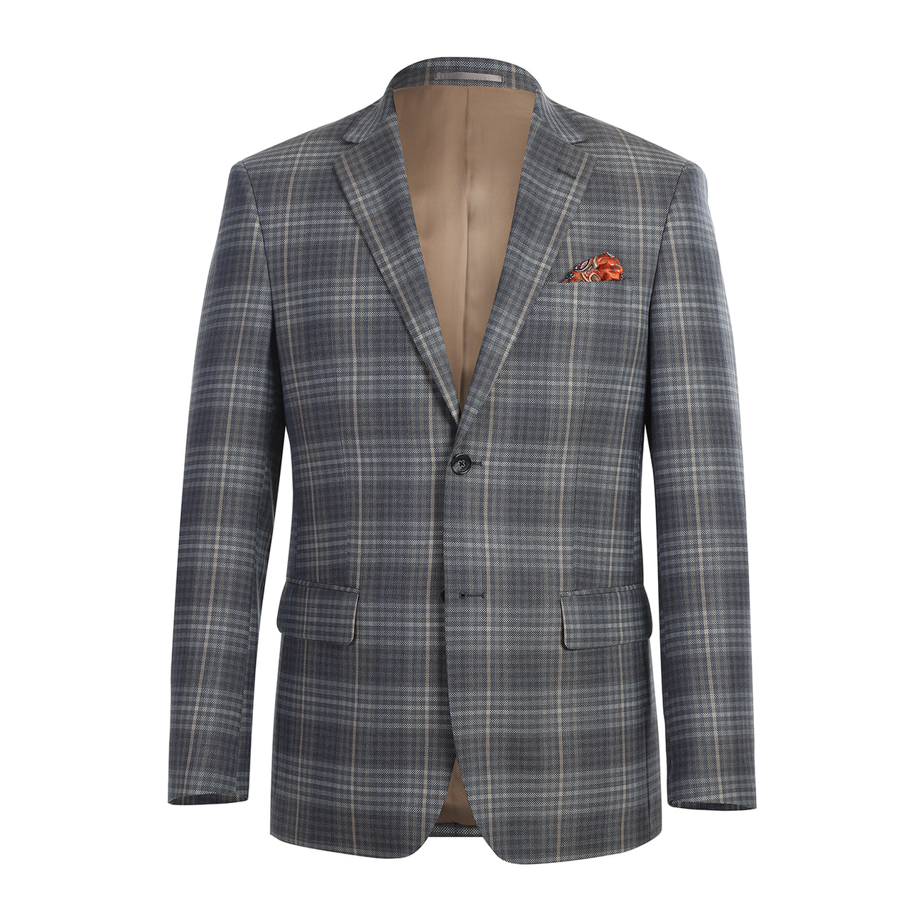 The Alessandro Vitello by Renoir New Slim Fit Sport Coat 565-3, a gray plaid wool-blend design with a notch lapel and side vents, is paired with a white dress shirt, brown patterned tie, and an orange pocket square.