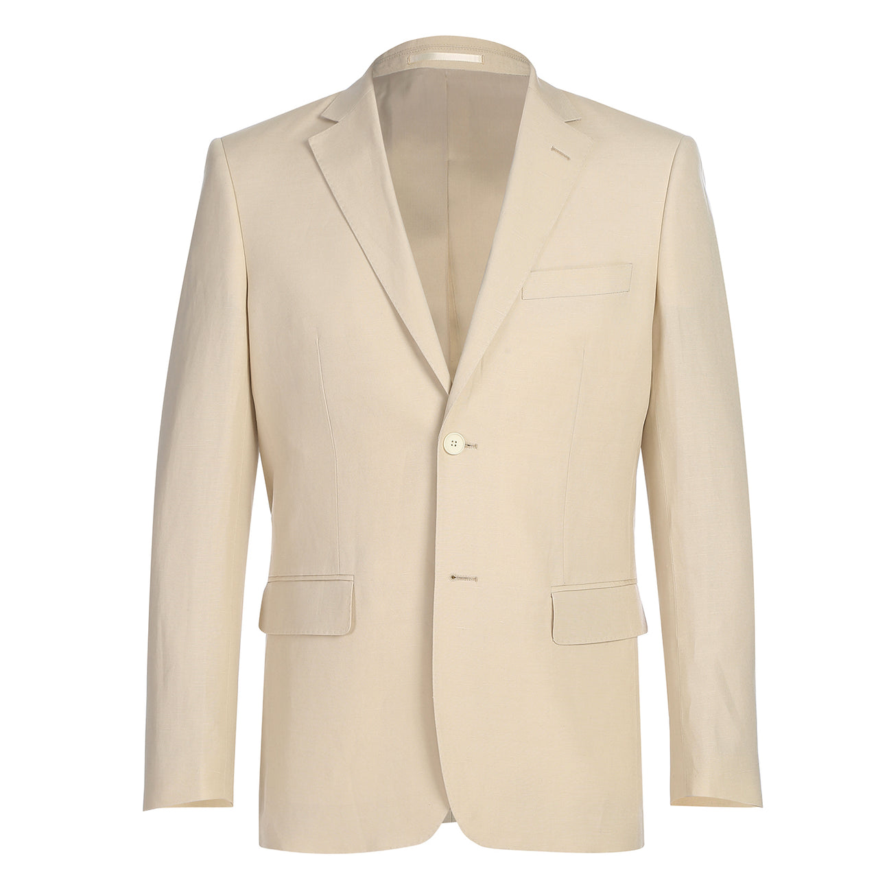 The Alessandro Vitello by Renoir 2-Piece New Slim Fit Suit in Tan is displayed on a mannequin, paired with a white shirt and blue tie, showcasing its sleek two-button closure.
