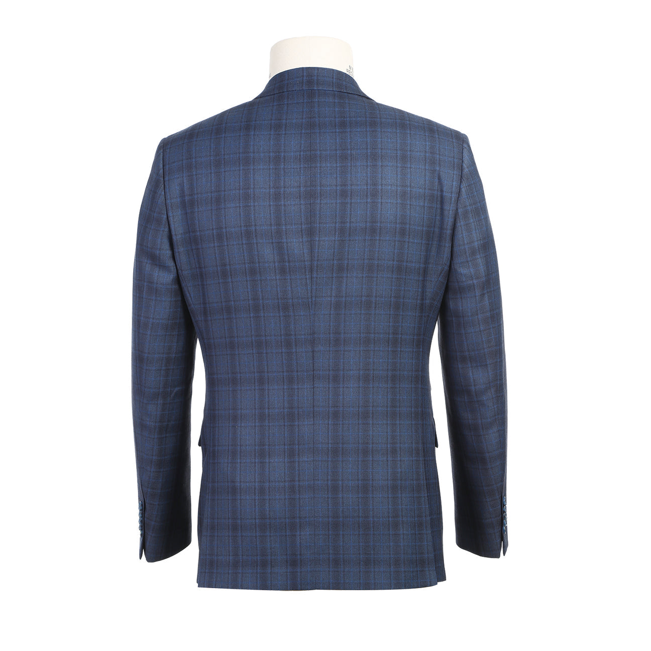 The mannequin is adorned with the ENGLISH LAUNDRY Cadet Blue Check Suit 92-53-095EL, a stylish offering from English Laundry, complemented by an immaculate white shirt and a striped tie. Its elegant peak lapels bring an air of sophistication to the ensemble.