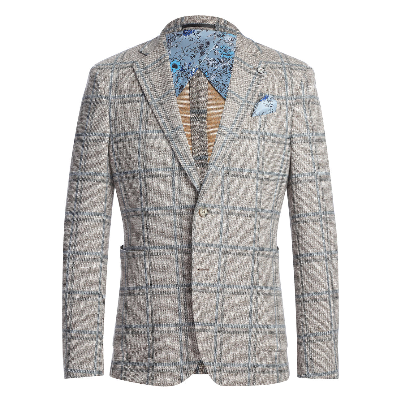 The Pellagio Camel Men's Slim Fit Riserva Jacket PS26-13 is styled on a mannequin with a white shirt, green patterned tie, and blue pocket square for a refined slim fit look.