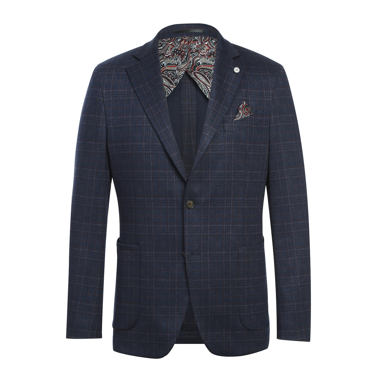 A mannequin dressed in a Pellagio Men's Half Canvas Navy Blazer PF23-14, styled with a white shirt, polka-dot tie, and a patterned pocket square.
