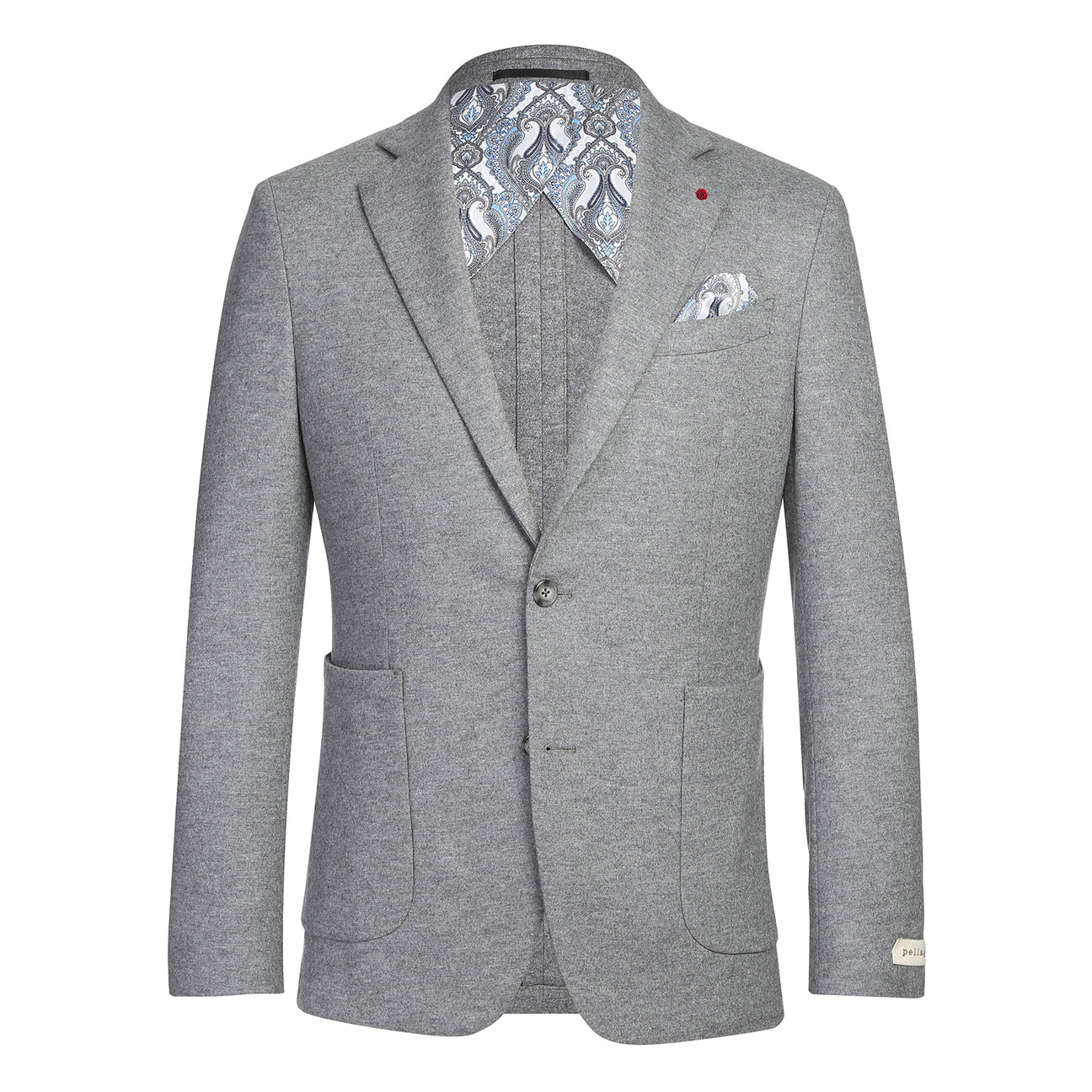 The Pellagio Men's Slim Fit Riserva Jacket Light Gray PF25-20W by Pellagio is displayed on a mannequin with a white dress shirt, striped tie, and patterned pocket square, featuring two front pockets and a modern slim fit.