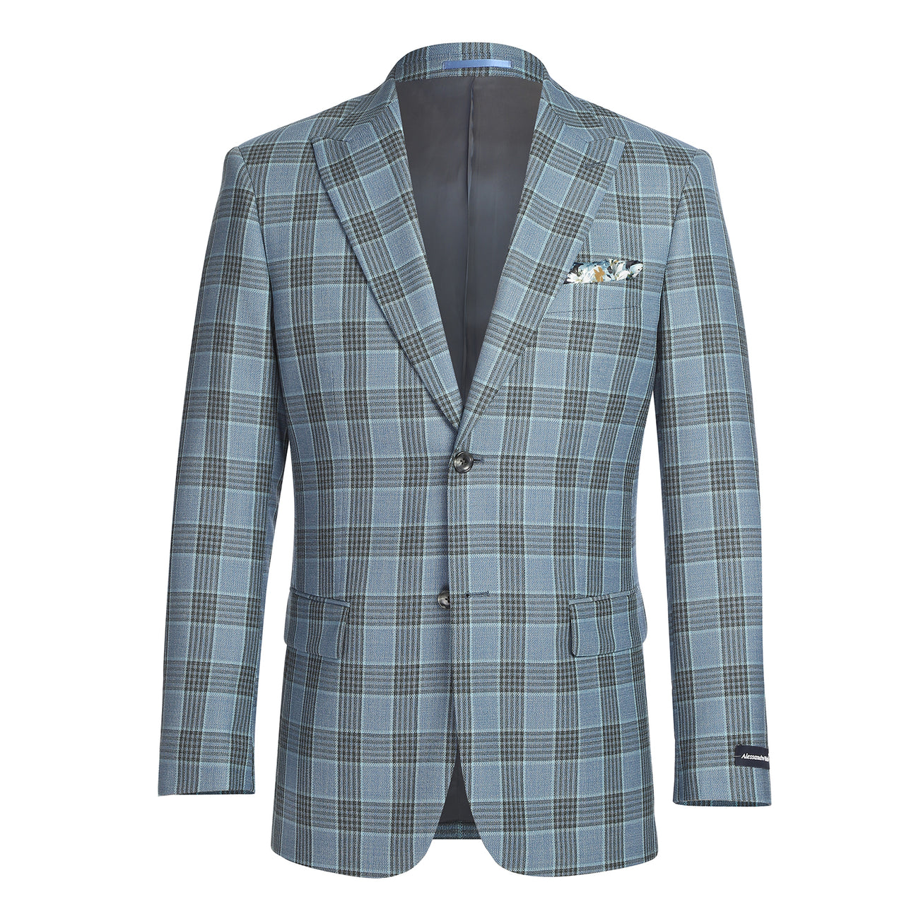 The Alessandro Vitello by Renoir New Slim Fit Sport Coat 565-14 features a blue plaid pattern, single-breasted two-button closure, notch lapels, chest pocket square, and flap pockets—shown on a mannequin with white shirt and striped tie.