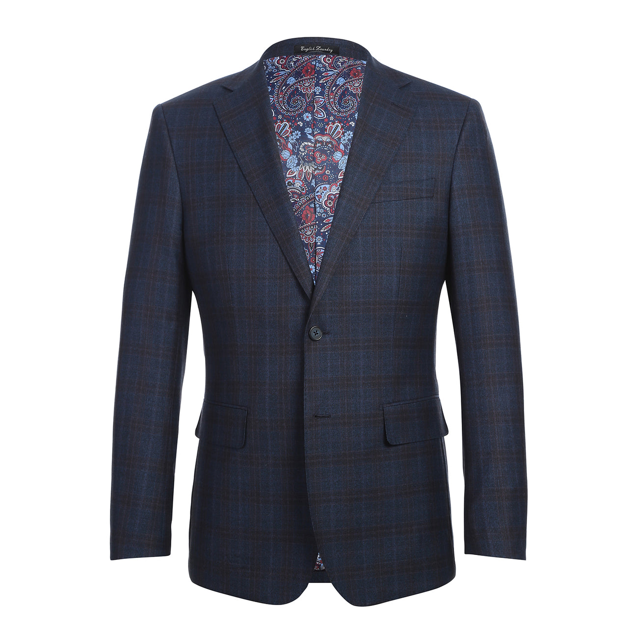 A mannequin wears the English Laundry ENGLISH LAUNDRY Dark Blue Check Suit EL12-55-410 with a white dress shirt and red patterned tie, set against a plain background.
