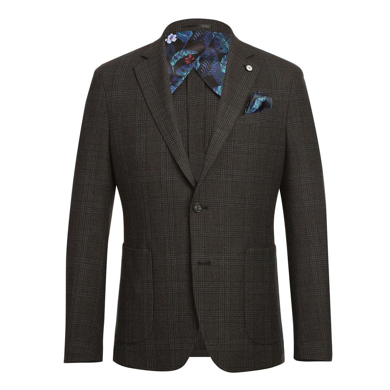 The Pellagio Dark Brown Men's Half Canvas Blazer PF24-13, with a notched lapel, is displayed on a mannequin, paired with a white shirt and striped tie. The blue pocket square adds elegance to this slim fit single-breasted blazer from Pellagio.