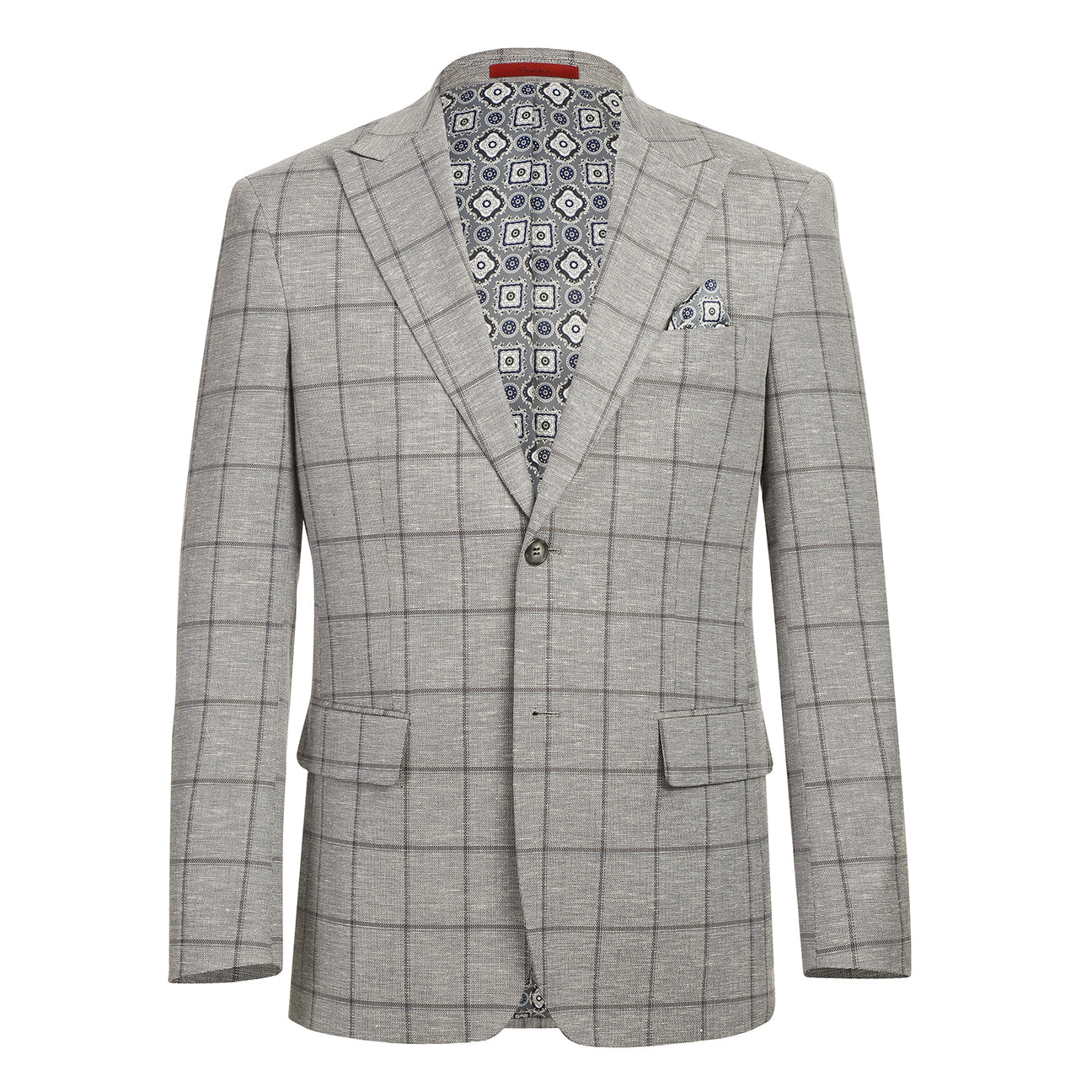 The Alessandro Vitello by Renoir Gray Blue blazer is styled on a mannequin with a white shirt, blue patterned silk tie, and matching pocket square.