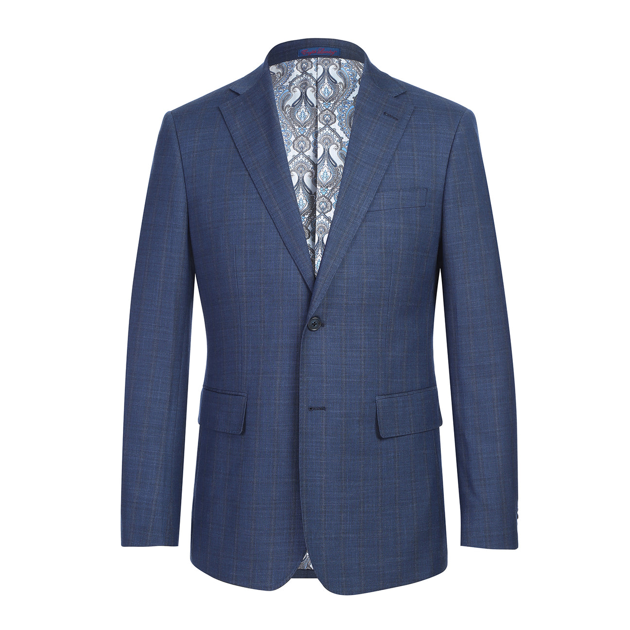 The ENGLISH LAUNDRY Blue Check Suit 22-52-402EL by English Laundry features a slim fit jacket with notch lapels and two-button closure, shown with a white dress shirt and red patterned tie on a mannequin.