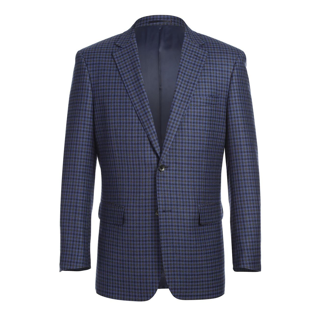 The Renoir Alessandro Vitello Classic Fit Wool Blue Blazer 565-9 is shown on a mannequin with a white dress shirt and blue patterned tie, featuring a notch lapel and a blue and black checkered pattern.