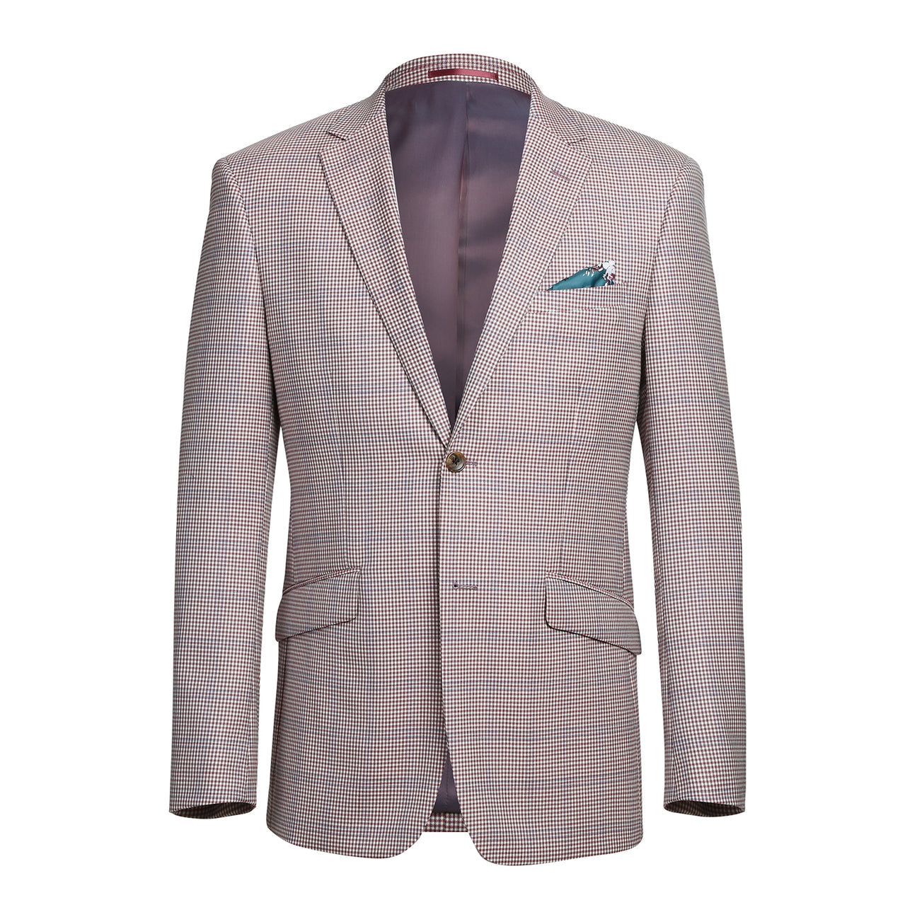 A mannequin displays the Alessandro Vitello by Renoir Slim Fit Wool Blazer in pink, crafted from 100% wool. It's styled with a white shirt, patterned black tie, and highlighted by a teal pocket square.