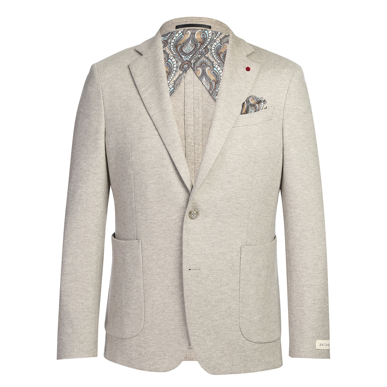 The Pellagio Men's Slim Fit Riserva Jacket Beige PF25-21W features two front pockets, button closure, a patterned pocket square, and striped tie over a white shirt, displayed on a mannequin.