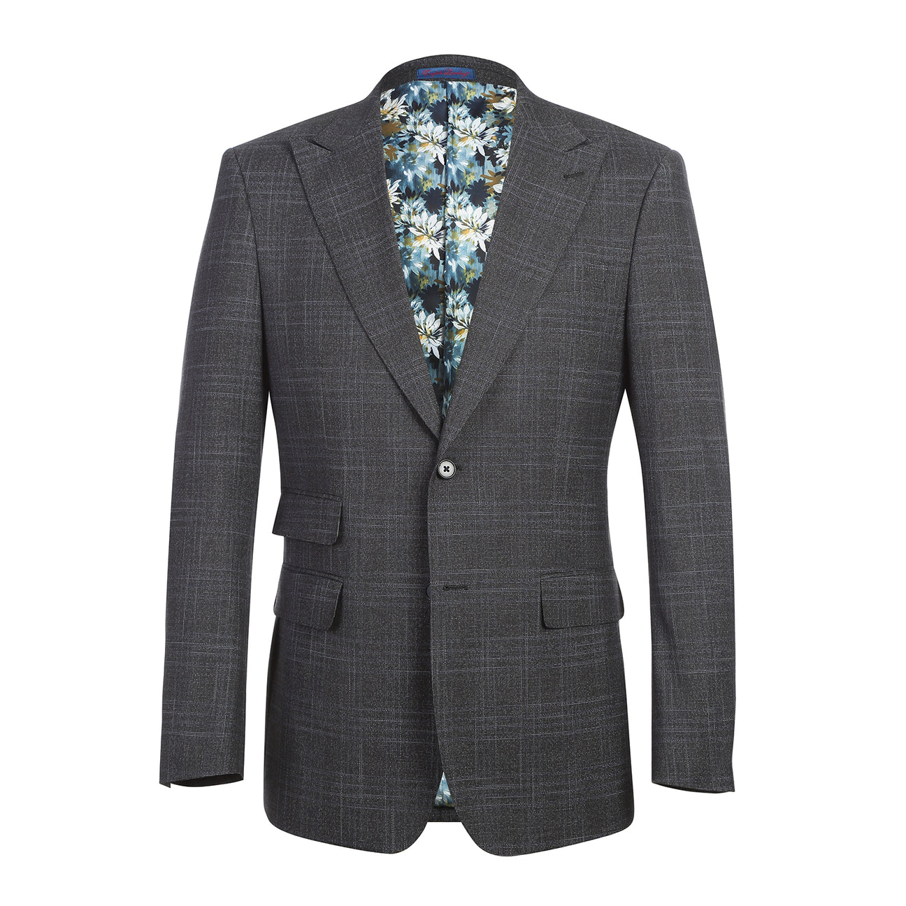 The English Laundry Navy Gray Check Suit 22-68-410EL features a modern slim fit jacket with notch lapel, crisp white shirt, and blue patterned tie—an ideal look for any occasion. Displayed on a mannequin against a white background.