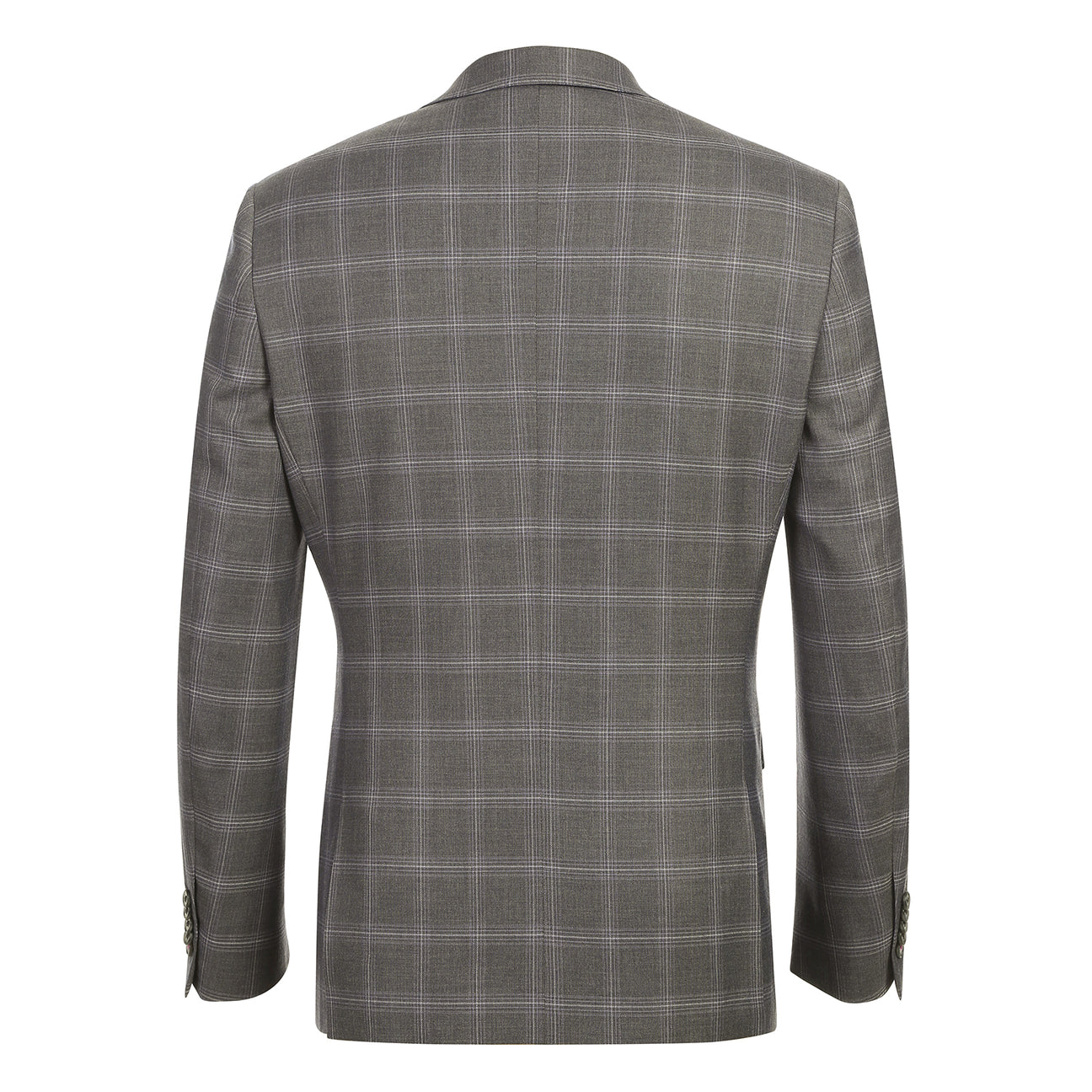 The ENGLISH LAUNDRY Grey Check Suit 12-55-095EL by English Laundry is a slim fit gray plaid blazer with notch lapels, two front flap pockets, and a colorful floral inner lining, shown on a white background.