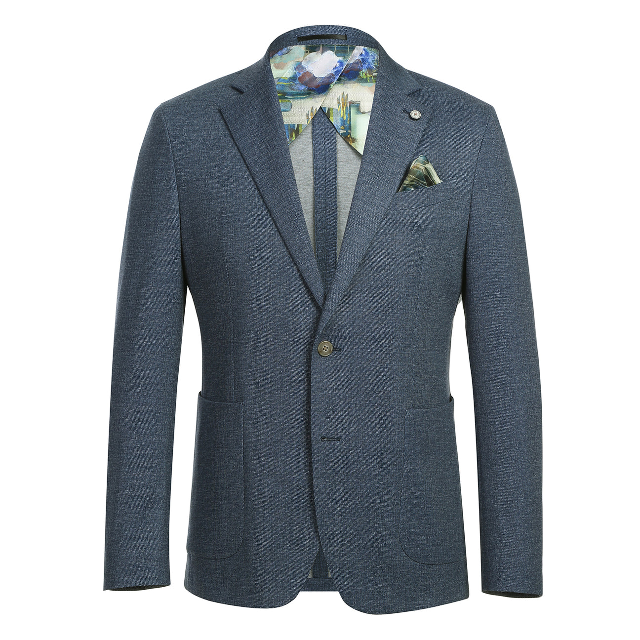 The Pellagio Navy Men's Half Canvas Blazer PS24-3 by Pellagio is a slim fit suit jacket featuring a floral lining, matching tie, and pocket square. It's crafted from 86% polyester, 9% rayon, and 5% spandex, with a buttoned front, notched lapel, single-breasted design, and blue interior accents.