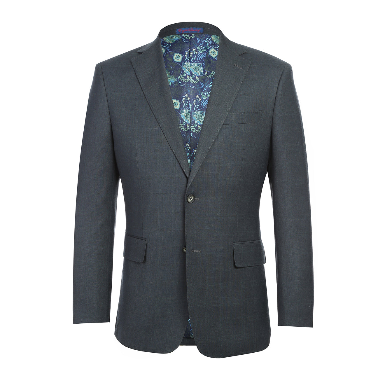 The English Laundry ENGLISH LAUNDRY Dark Green Check Suit 22-52-341EL features a men's suit jacket in dark green check with notch lapels and a two-button closure, styled over a white dress shirt and black striped tie on a mannequin.