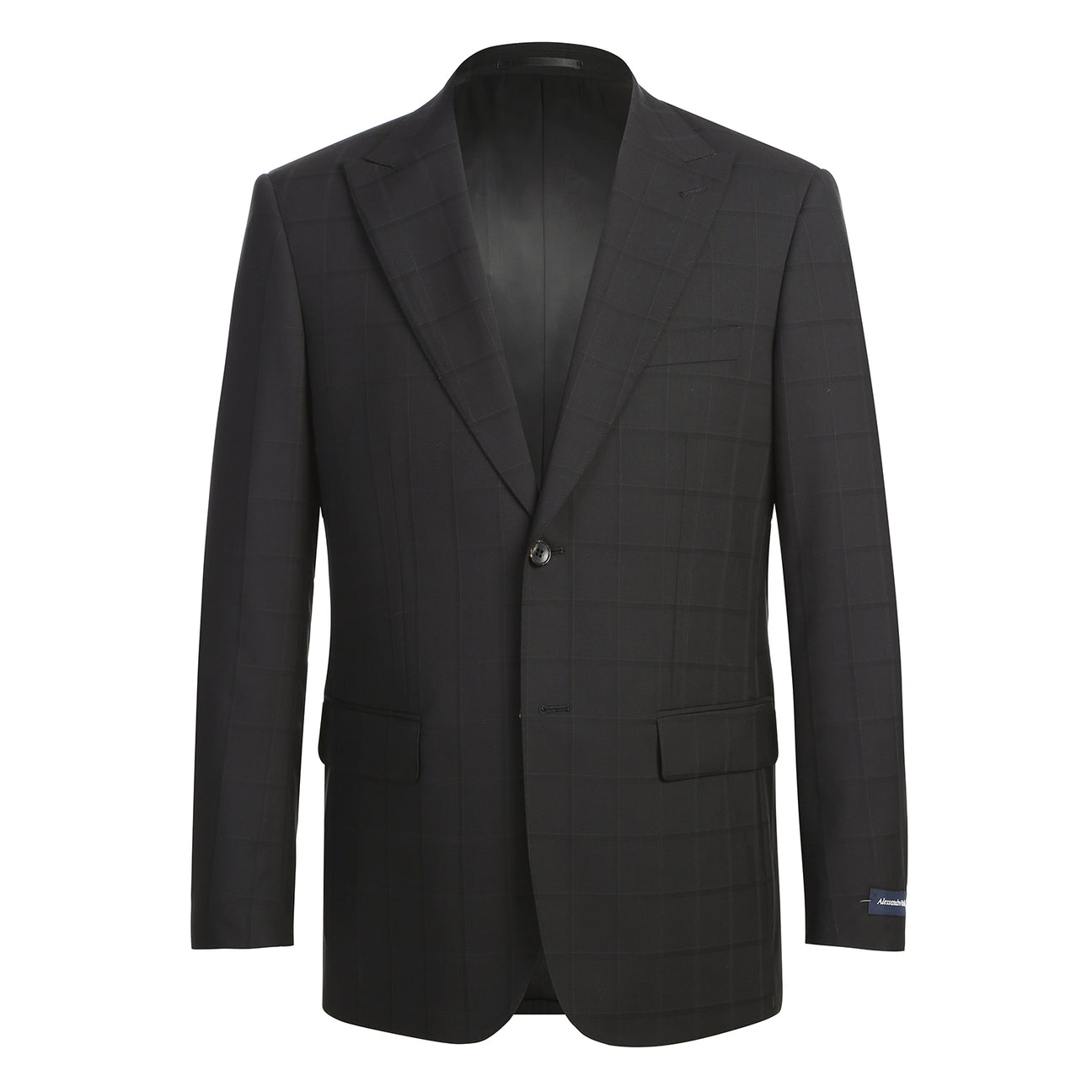 The Renoir Alessandro Vitello New Slim Fit Wool Black Suit 566-15 features a modern black checkered design, displayed on a mannequin with a white dress shirt and purple tie, blending classic style with contemporary fit.