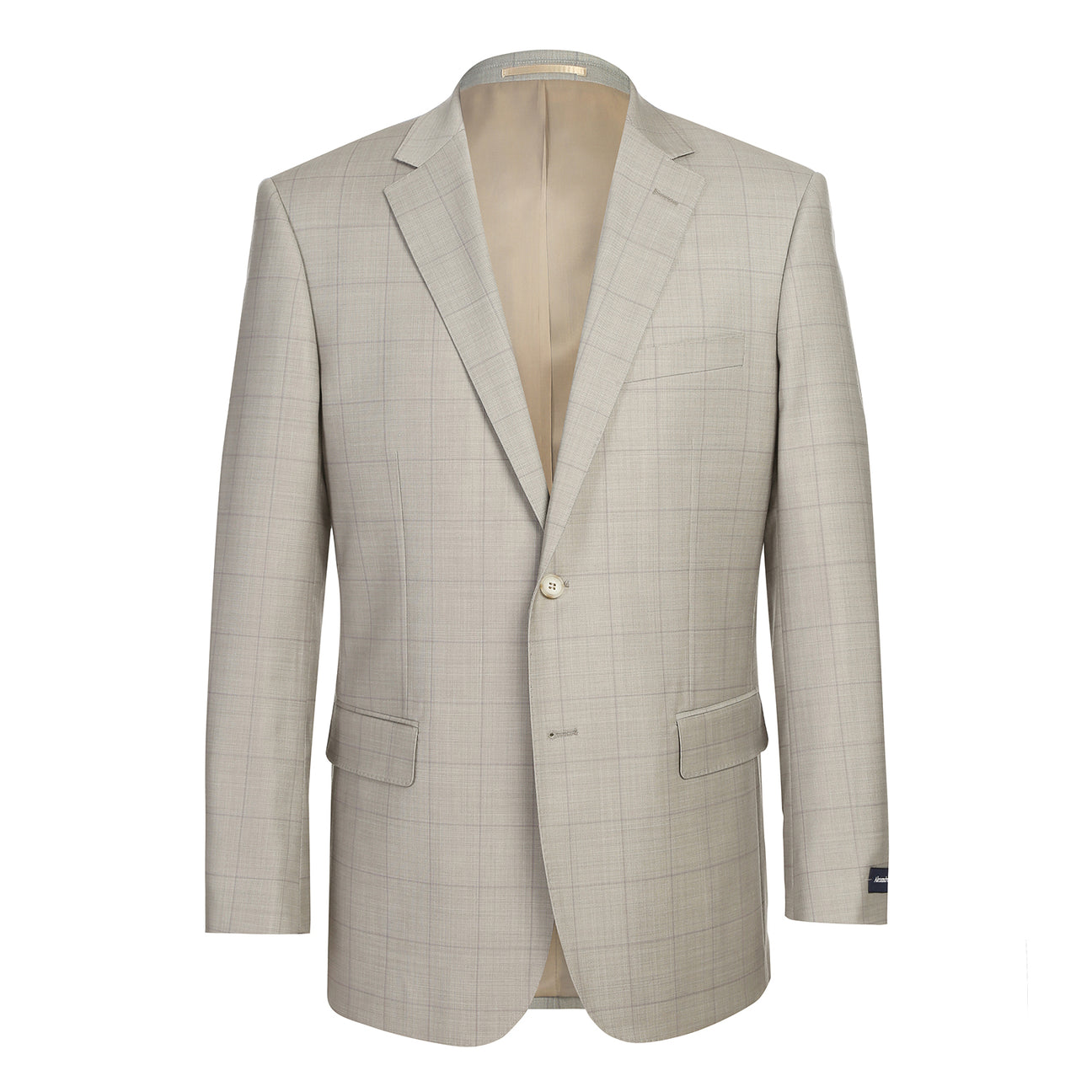 The Alessandro Vitello by Renoir Classic Fit Suit 566-10, in light gray plaid with notch lapels, is styled on a mannequin with a white dress shirt and blue striped tie.