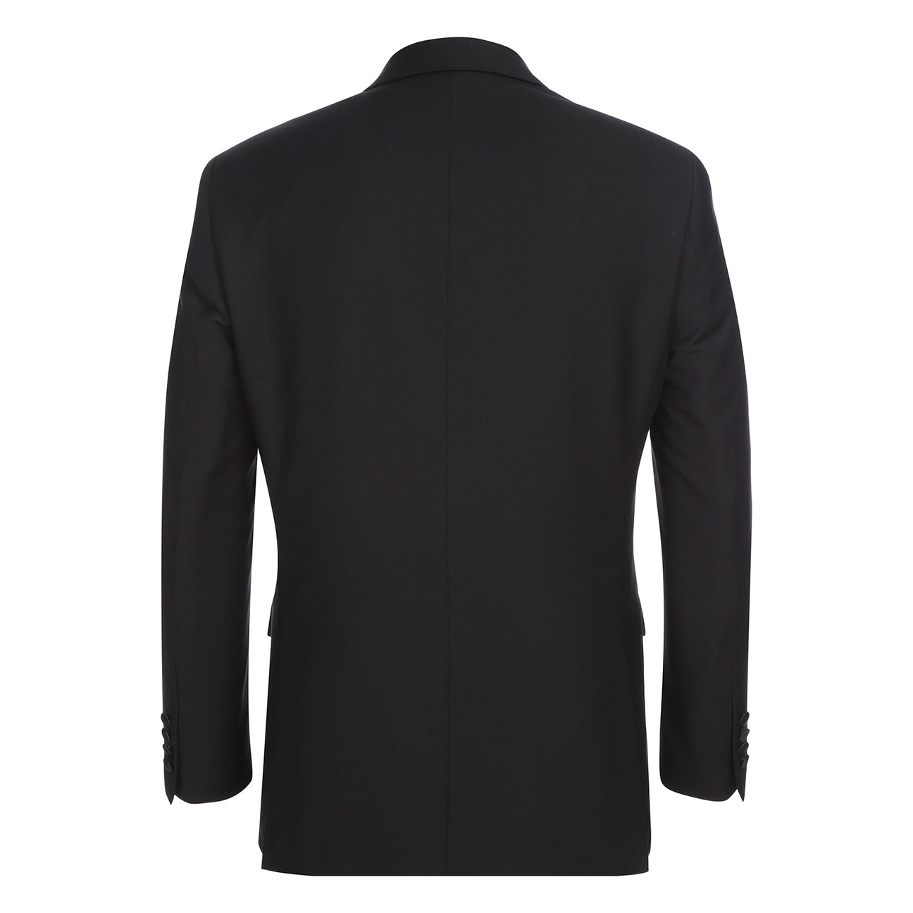The Alessandro Vitello by Renoir Slim Fit Double-Breasted Peak Lapel Black Tuxedo 201-1 is styled with a white shirt and orange striped tie, elegantly showcased on a mannequin.