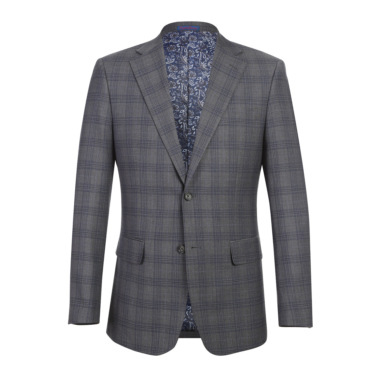 The ENGLISH LAUNDRY Gray Check Suit 22-57-500EL by English Laundry, a slim fit plaid jacket with a single black button, is shown over a white shirt and black tie on a headless mannequin against a white background.