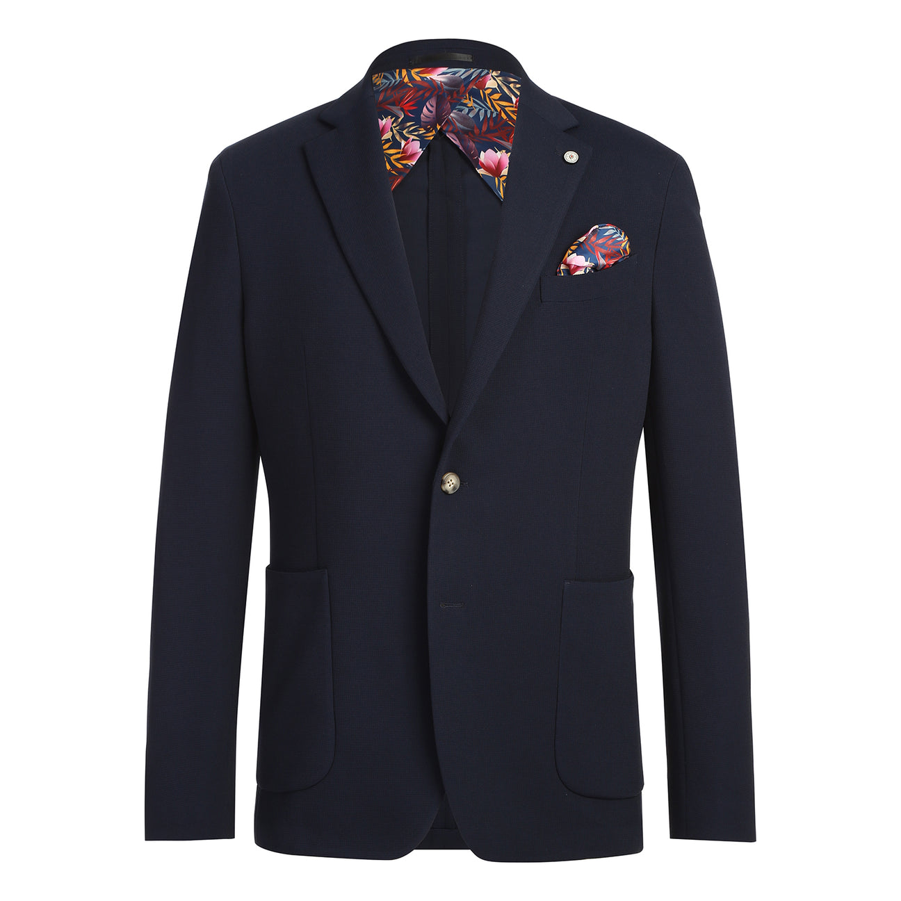 The Pellagio Men's Half Canvas Blazer Navy PS25-17, a single-breasted jacket with notched lapel and two buttons, is styled with a white dress shirt, patterned beige tie, and colorful pocket square on a display mannequin.