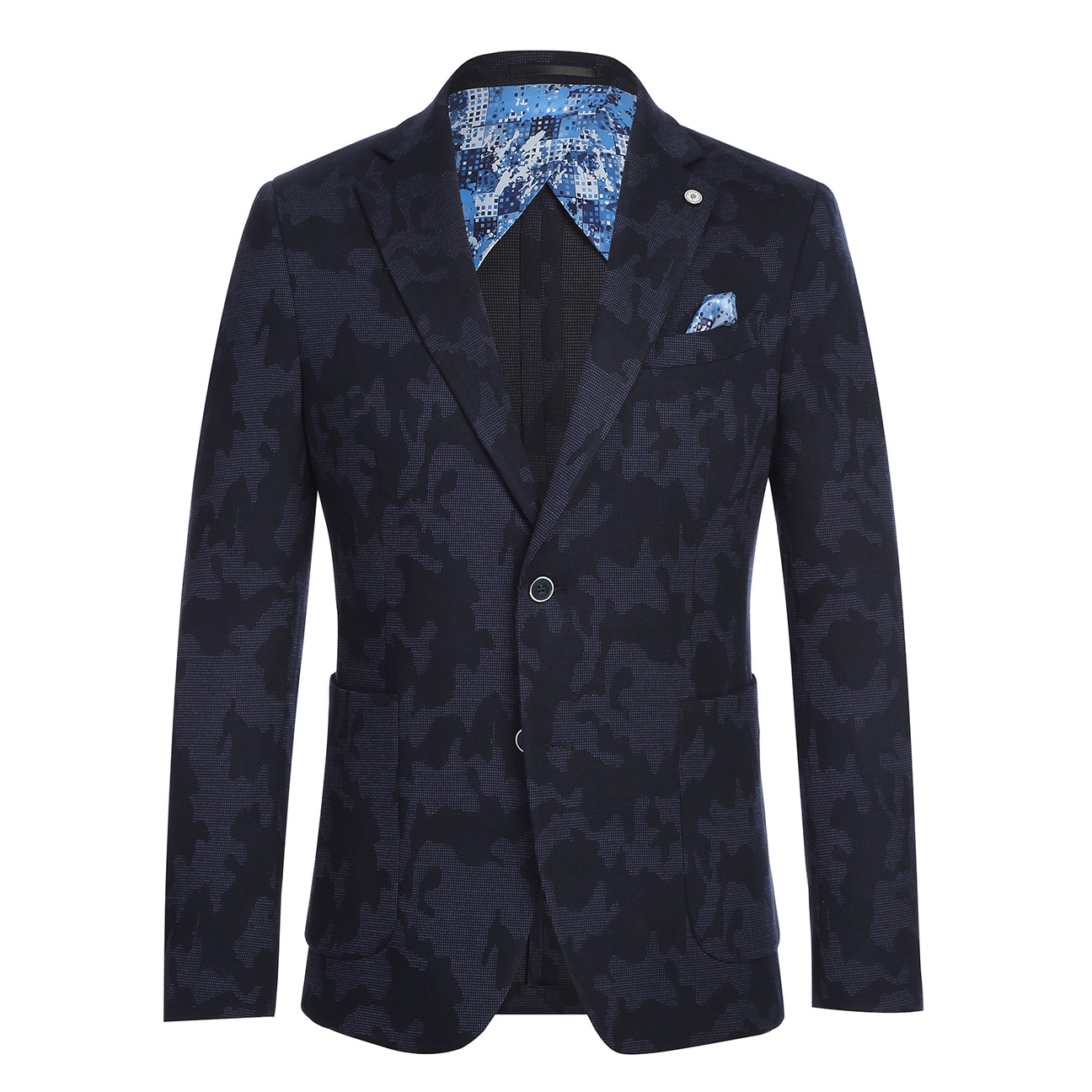 The Pellagio Men's Slim Fit Riserva Jacket Navy PF25-15 is a single-breasted blazer displayed on a mannequin, showcasing the classic Pellagio style.