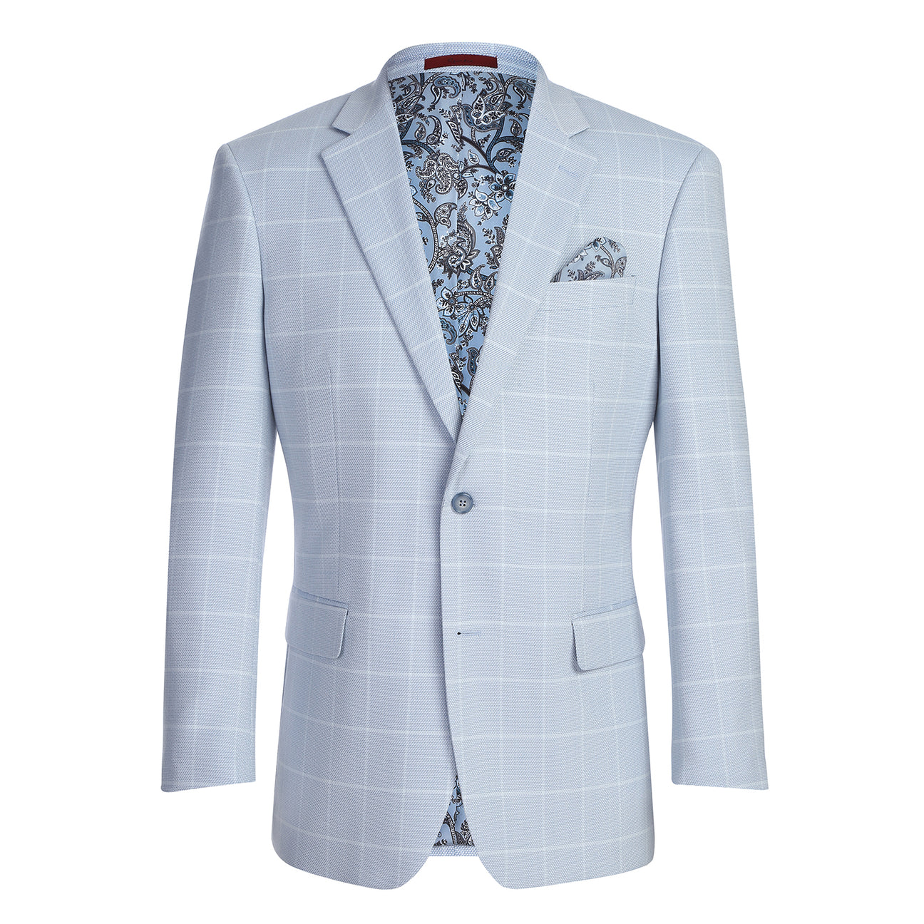The Renoir Alessandro Vitello Classic Fit Light Blue Blazer 294-64 features notched lapels, a one-button closure, two front pockets, a chest pocket with patterned square, and is styled with a white shirt and blue striped tie.