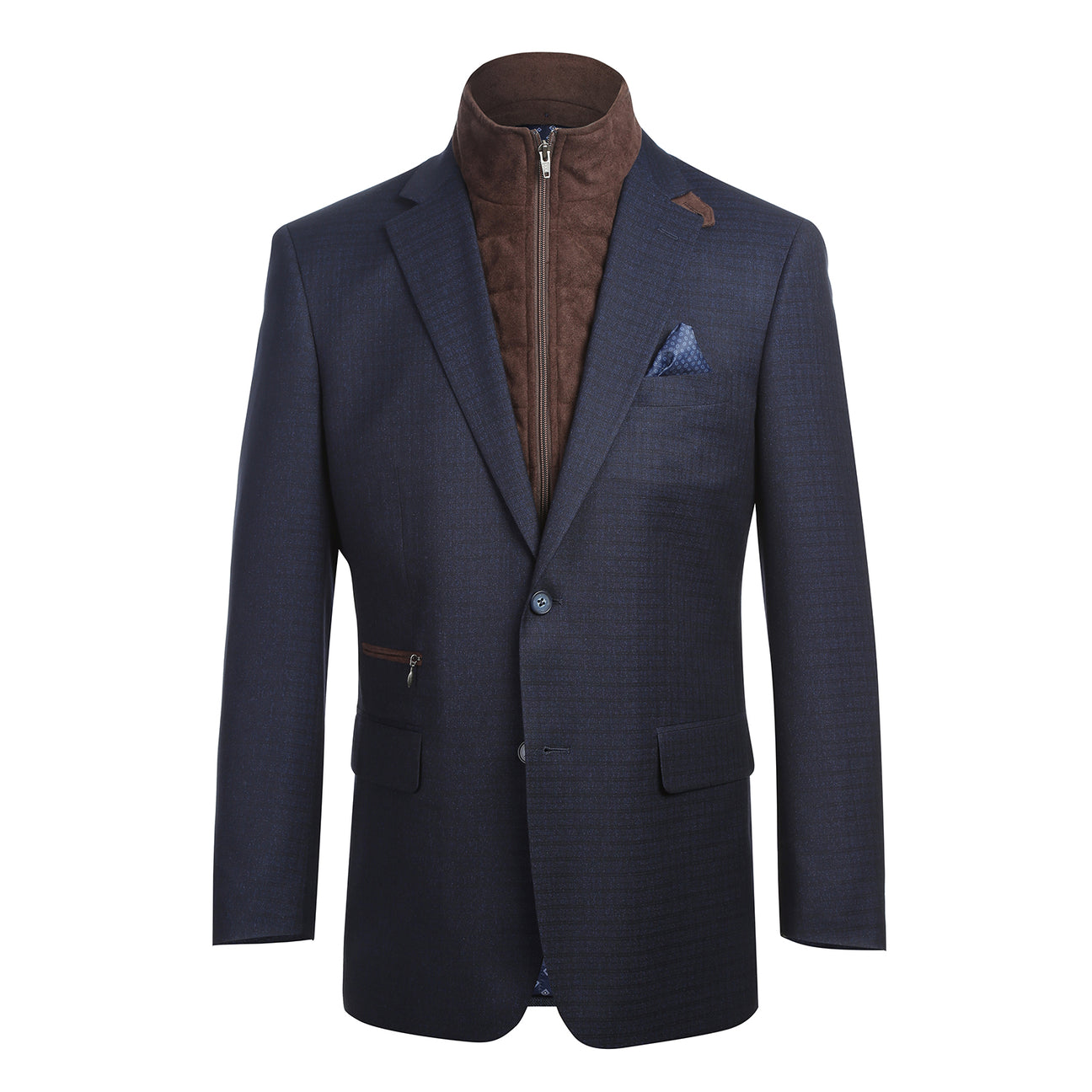 The Renoir Alessandro Vitello Classic Fit Bib Navy Blazer 294-42 features a notch lapel, two-button closure, brown quilted inner vest, and light blue pocket square, shown on a mannequin.