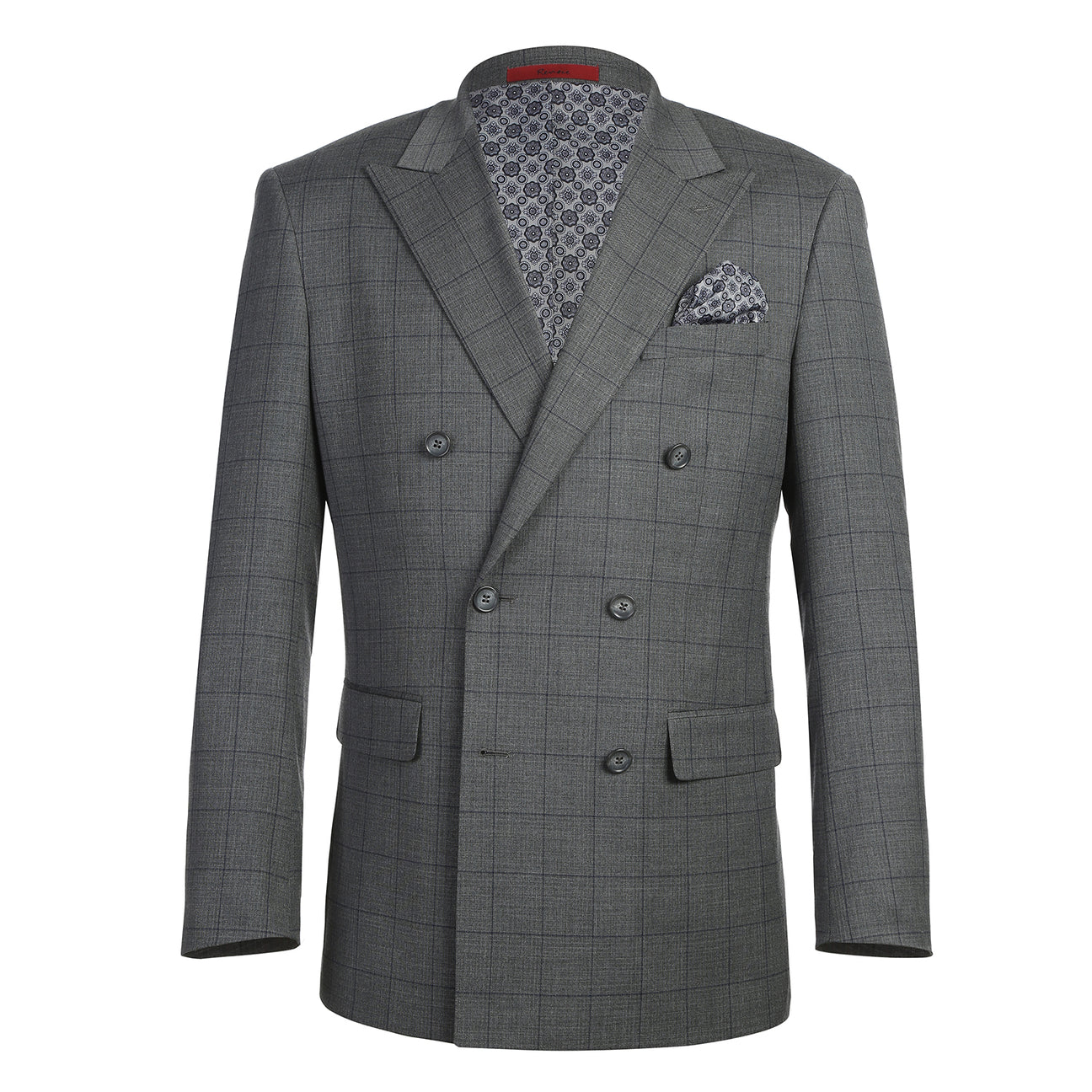 The Alessandro Vitello by Renoir Double-Breasted New Slim Fit Gray Suit 293-44 features a gray plaid design, styled here on a mannequin with a white shirt, maroon polka dot tie, and patterned pocket square for sharp modern elegance.