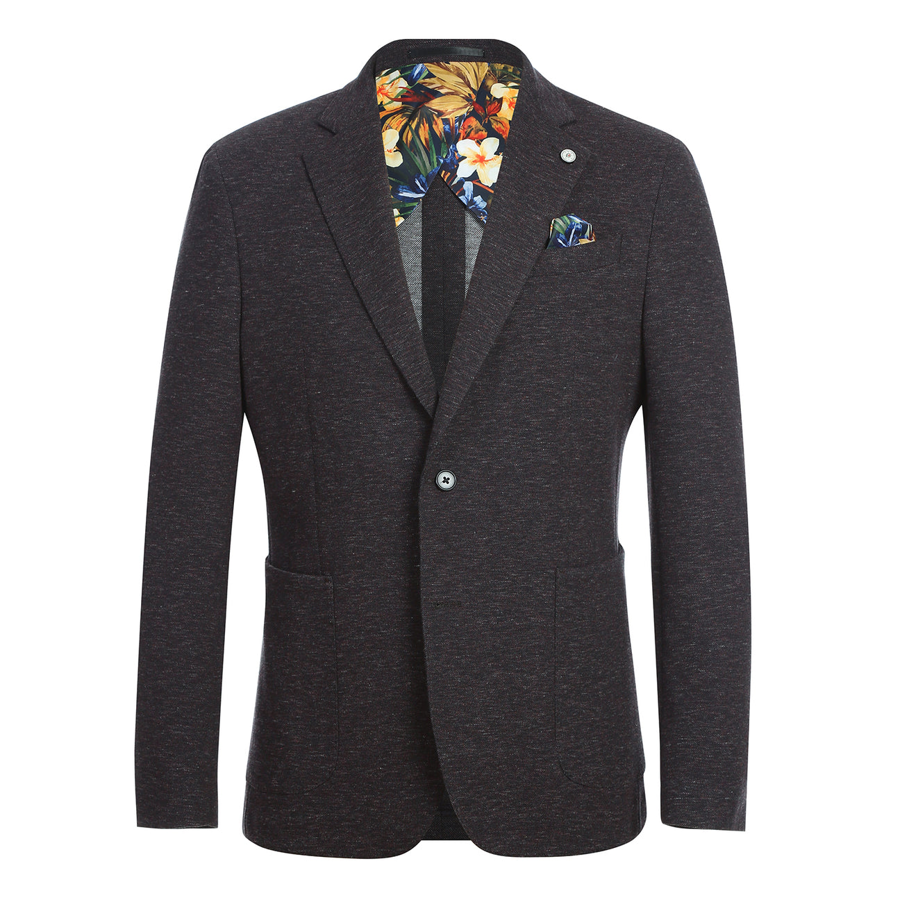 A mannequin dressed in the Pellagio Dark Gray Men's Half Canvas Blazer PF24-2, featuring a notched lapel and two buttons, over a white shirt, striped tie, and colorful pocket square.