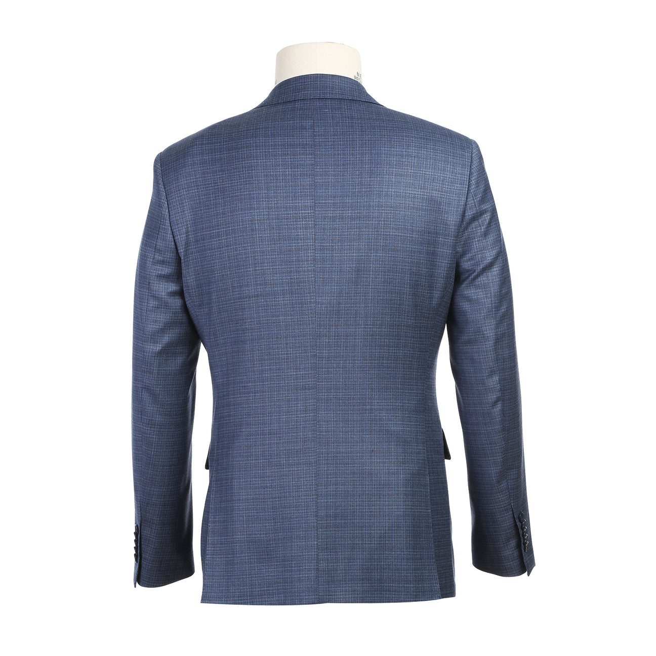 The ENGLISH LAUNDRY Pale Blue Wool Suit EL82-60-402, featuring a slim fit with a subtle check pattern and stylish notch lapels, pairs perfectly with a crisp white dress shirt and an orange patterned tie, elegantly displayed on a mannequin.