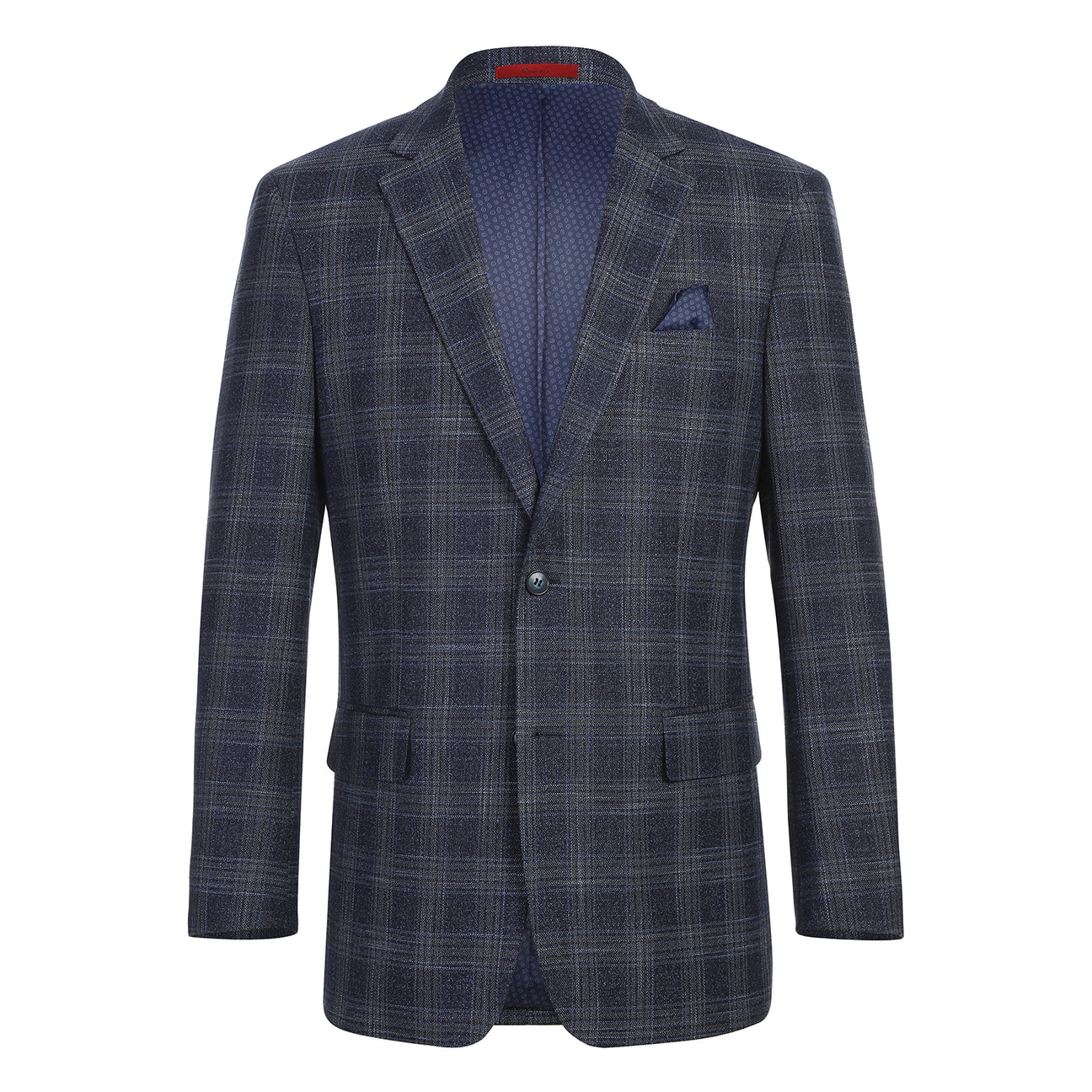 Displayed elegantly on a mannequin, the Renoir "Alessandro Vitello" Navy Blazer is paired with a white shirt, blue polka-dot tie, and matching pocket square.