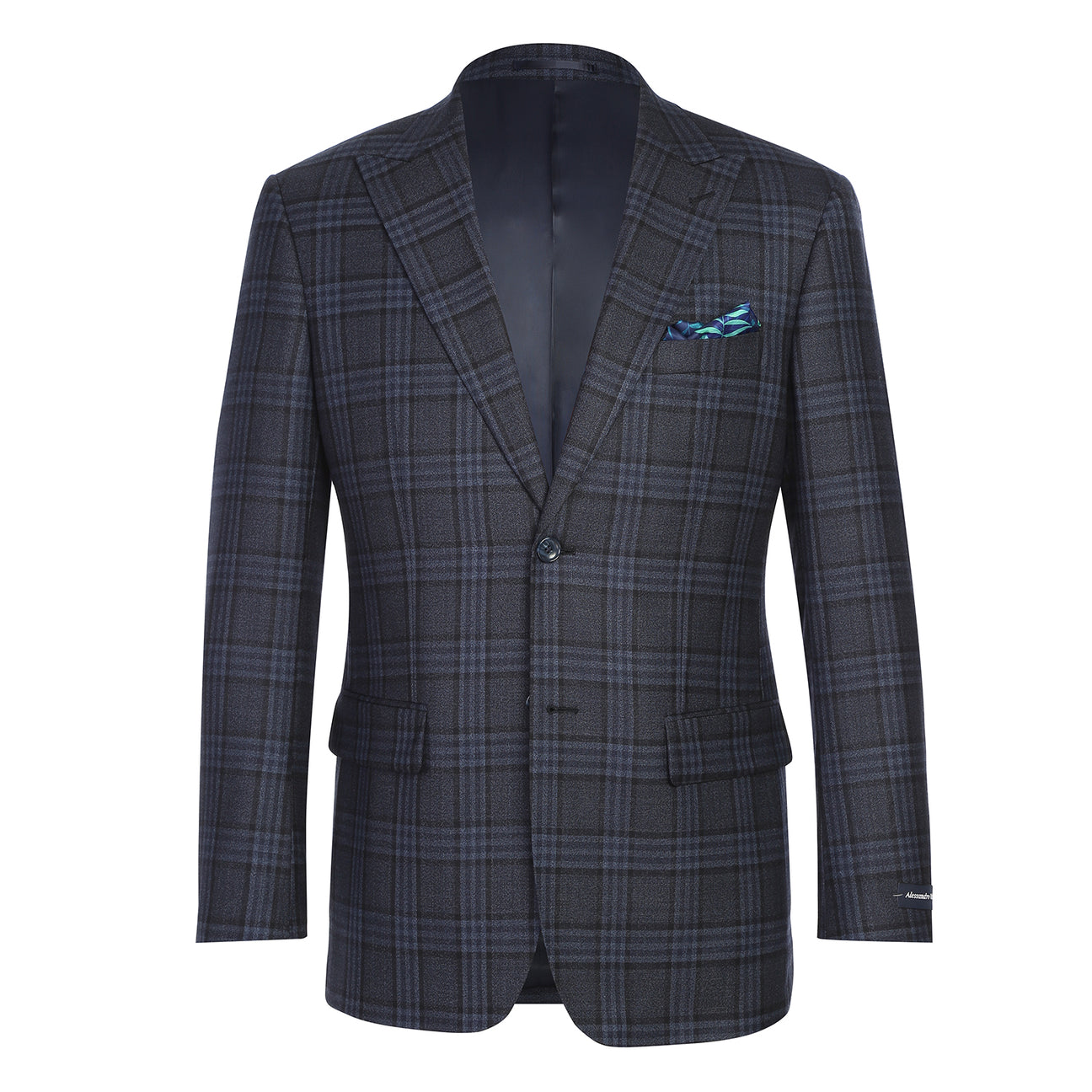 The Renoir Alessandro Vitello New Slim Fit Wool Dark Gray Blazer 567-6 features notched lapels, two buttons, flap pockets, a blue pocket square, and an orange striped tie. Close-ups show interior details and sleeve buttons.