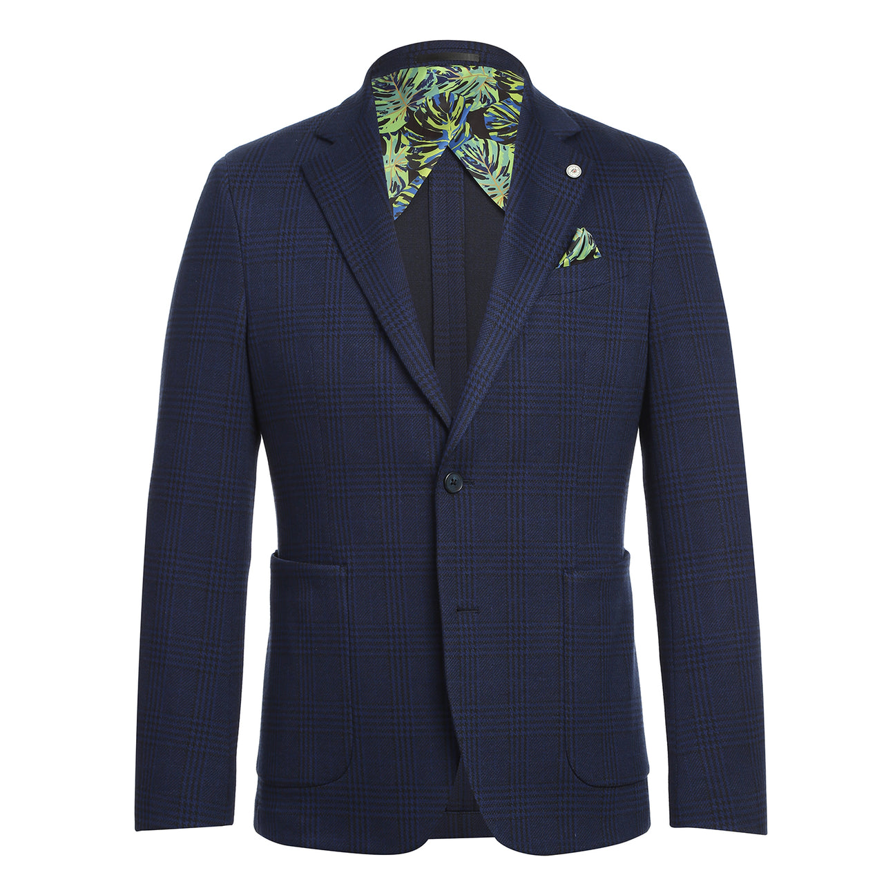 Mannequin styled in Pellagio Royal Blue Men's Half Canvas Blazer PF24-10 with a white shirt, red polka dot tie, and green pocket square.