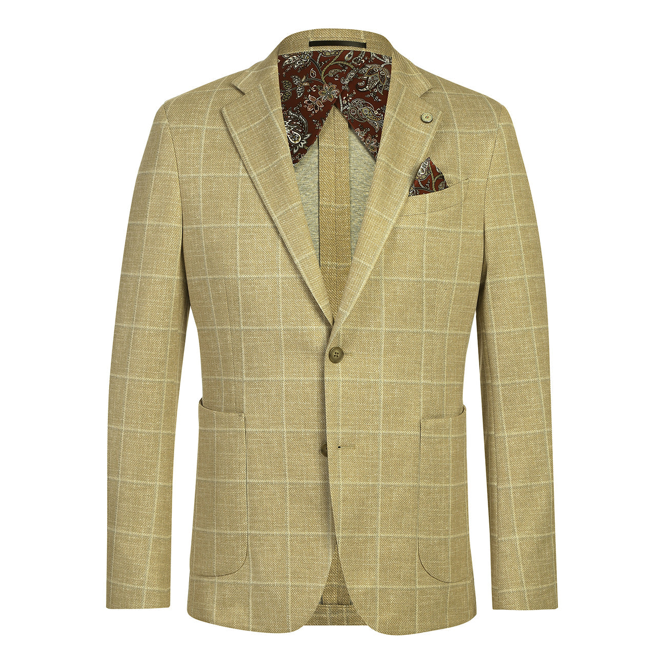 The Pellagio Men's Half Canvas Blazer Rattan PS25-2, a slim-fit tan plaid jacket with notched lapel, is displayed on a mannequin with a white shirt, burgundy patterned tie, and matching pocket square.
